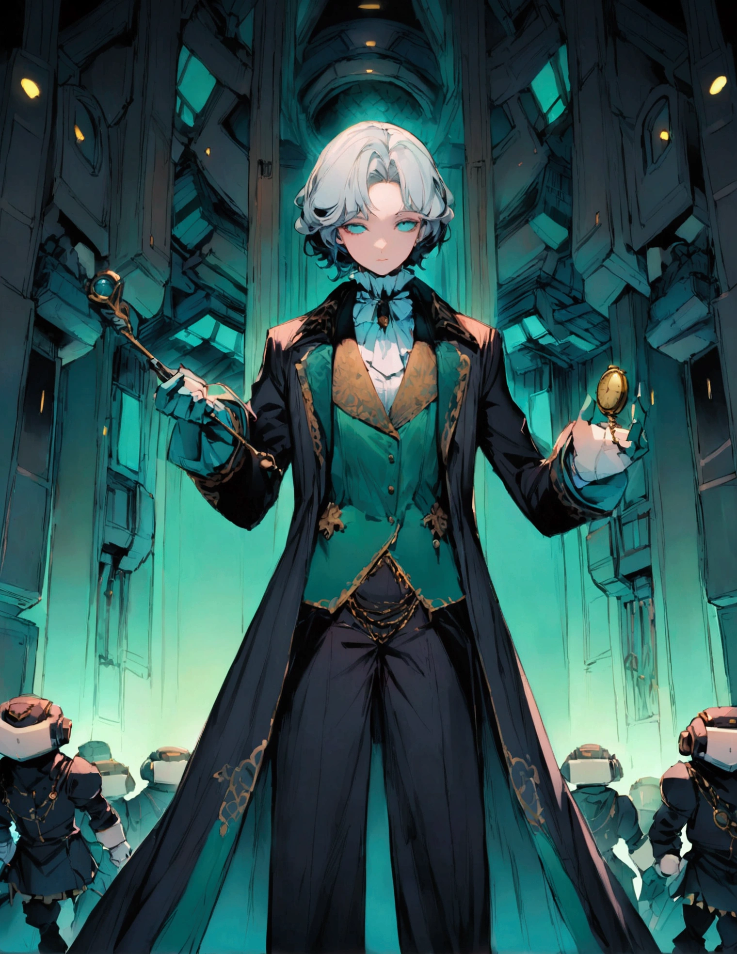 A mysterious (The figure stands tall and imposing, with a lean build suggesting both agility and age. Their face is angular, with piercing eyes that convey wisdom beyond human years. They have tousled gray hair that seems to defy gravity, giving them an eccentric air. The figure wears an outfit that's a mix of Victorian and futuristic elements: 1. A long, high-collared coat in a deep burgundy color, with subtle swirling patterns embroidered in gold thread. 2. Underneath, a waistcoat in a contrasting emerald green, adorned with brass buttons and a pocket watch chain. 3. A crisp white shirt with a ruffled collar peeking out at the neck. 4. Dark trousers tucked into tall, well-worn leather boots. 5. Around their neck, an unusually long scarf in various shades of blue, its ends trailing dramatically behind them. 6. In one hand, they hold a strange device - part wand, part screwdriver, emitting a soft green glow. Their posture is defiant, chin raised slightly, conveying a sense of authority and determination in the face of danger. Despite the chaos around them, there's a hint of a smile playing at the corners of their mouth, suggesting a love for adventure.
)figure in a long coat stands in a dimly lit, retro-futuristic control room. Around them, silver humanoid robots with blank expressions advance menacingly. In the background, shadowy figures in dark military-style uniforms lurk ominously. The control room features a central console with flashing lights and levers, surrounded by curved walls with circular indentations. Eerie blue light emanates from various sources, casting long shadows. The atmosphere is tense and foreboding, with a clash between 1960s sci-fi aesthetics and a darker, more sinister tone.