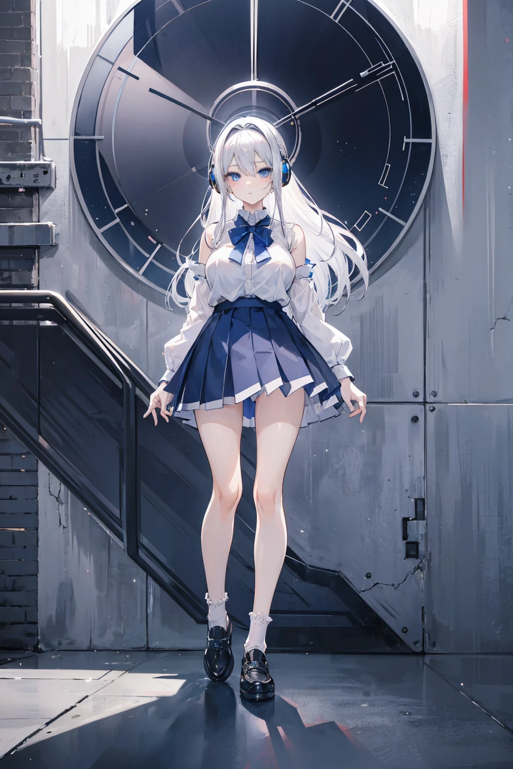 "anime girl, 1 person, silver white hair, shoulder length hair, wearing headphones, dark blue eyes, women's shirt, dark blue skirt, short skirt, sockings, black sockings, big breasts, shy face, full body, solo, viewed from many different angles, high quality images