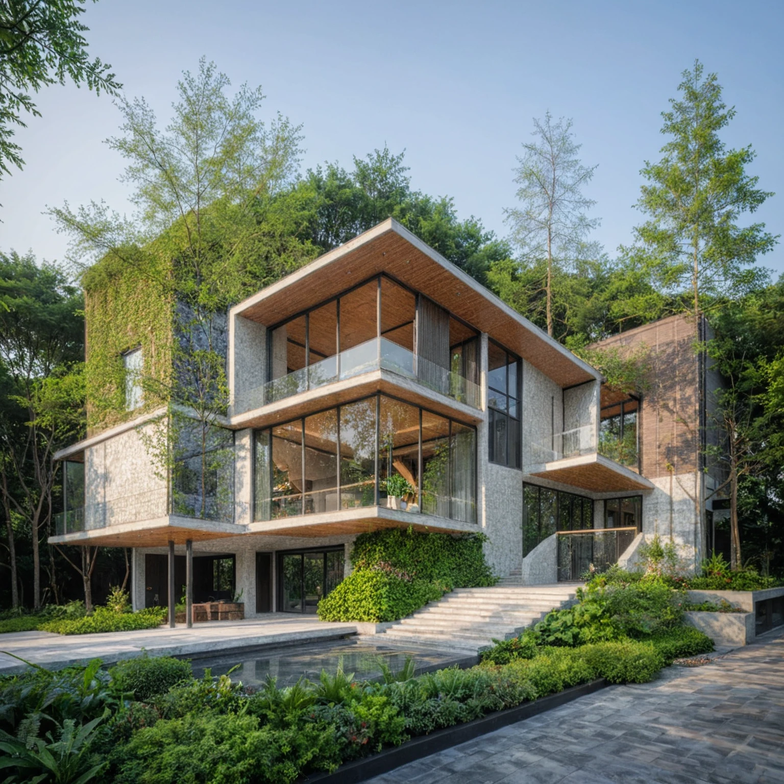 A modern villa situated in a garden, basking in daylight. Surrounding the villa are lush tropical trees, green shrubs, and plants that add a vibrant touch of nature. The vivid colors of the vegetation create a striking contrast against the foggy and moody ambiance of the street. The villa boasts large glass windows and doors, constructed with high-quality, ultra-realistic glass that reflects the environment beautifully. The structure is made of solid concrete with a minimalist design, predominantly in dark grey tones. The interior glows with warm lighting, creating a welcoming atmosphere. The villa features modern materials and finishes of the best quality, resulting in a true masterpiece of contemporary architecture. The scene is enriched with streetscapes that blend seamlessly with the villa’s design, enhancing the overall aesthetic.
