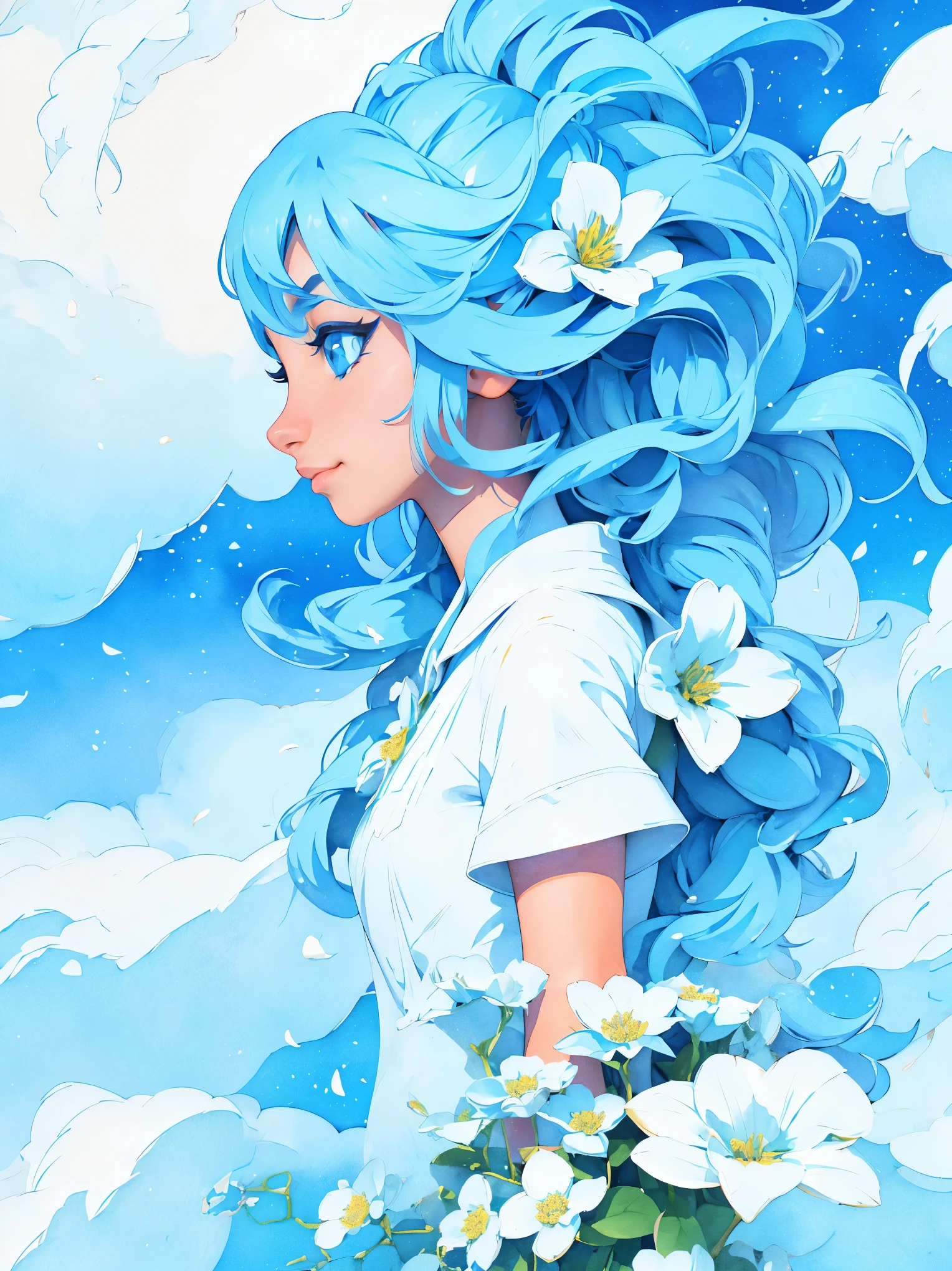 (absurdres, highres, ultra detailed, UHD, cinematic), solo, 1girl, mature, happy, girl standing in light blue flower field, light blue flower petal surrounding girl, full body, blue long hair girl, light blue hair, fantasy, dreamy, snowy, official art, pop art, profile, ultra detailed face, ultra detailed eyes, light blue flower field, ultra detailed field, white blue sky, cold, light blue, white,  nebula in the sky, blue tree, watercolor, pastel color