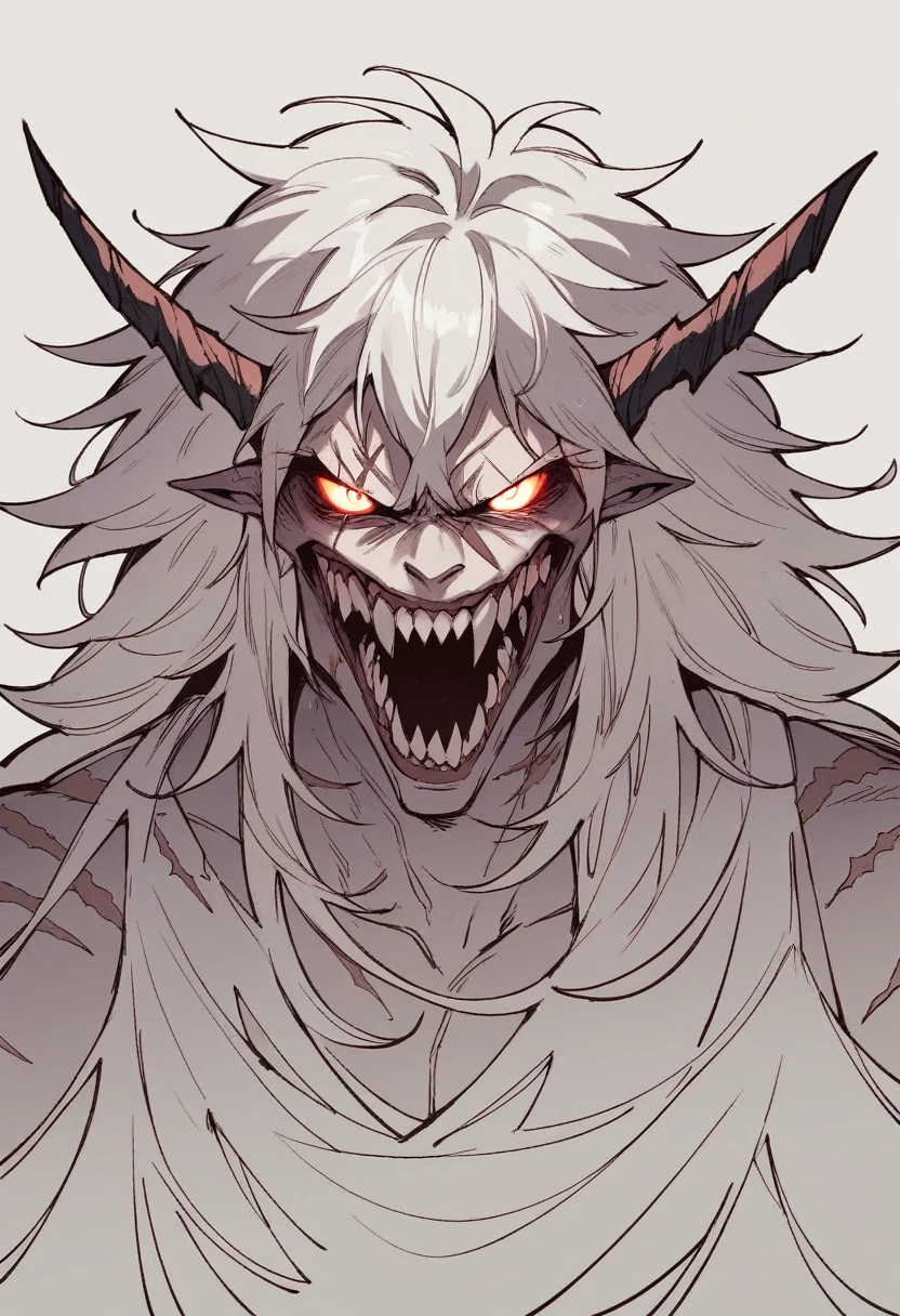 Humanoid creature, strong, sharp teeth, glowing eyes, scars around the body, angry face, very long hair