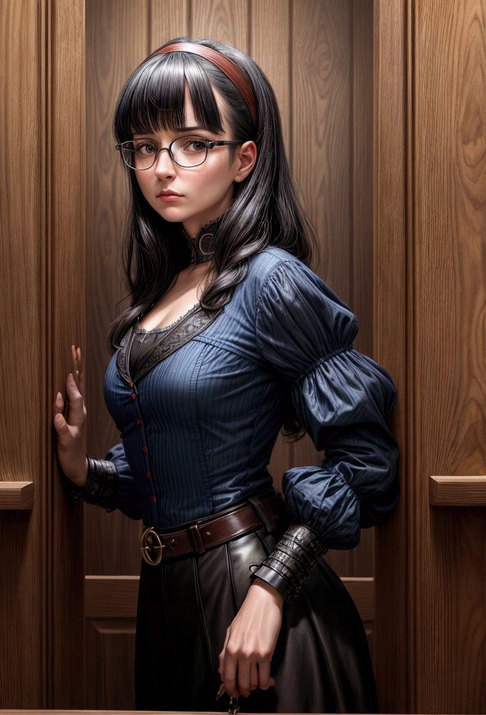 Arafed woman in a blue shirt and glasses standing straight with seriousness in front of a wooden wall, inspired by the style of Bernardino Mei. The portrait is reminiscent of the Renaissance era but with modern touches, as seen on Reddit. The photograph has a credit of AP and Lindsey Look, featuring the woman with blunt bangs falling on her forehead. The medium closeup captures her behind bars in a courtroom, with a serious and intense theme. Her black hair with bangs frames her face, and the artistic influence of Robin Eley adds a special touch to the image. The courtroom setting enhances the gravity of the scene.