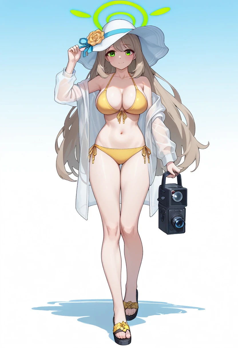 nonames-swim,
nonames \(blue archive\), green eyes,brown hair,long hair,Halation,sun hat,hat flower,see-through jacket,yellow bikini,sandals, One Girl,Alone,Cowboy Shot,looking at the camera,Very large breasts,Very large breasts,Very thick legs,Long Hair,