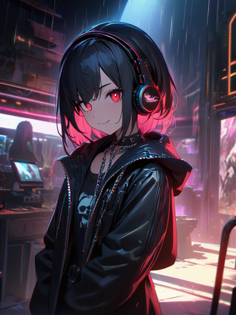 1 girl, chromatic aberration, Written boundary depth, Soft Light, masterpiece, Highest quality, complicated, Tone Mapping, Very detailed, Art Station, Concept Art, Smooth, Clear focus, Dramatic lighting, Very detailed artwork, movie, super practical painting, Art Station's trending, 8k, Incredible Shadows, practical, (Very detailed background:1.0), whole body, View, Viewers, Very detailed portrait of one girl 1, standing on street corner, Heavy rain and lightning、Dark Sky, neon and cyber punk background, she is dressed in punk clothing with silver chains and silver spikes, Her hair was dyed a bright black color.,The middle part is black, She wears headphones, Detailed red eyes with clear pupils, Ominous aura of light, smile, punk, ciber punk, Backlight.Her hair is neatly tied up.、Announcer talking about horses'tail、smileが素敵