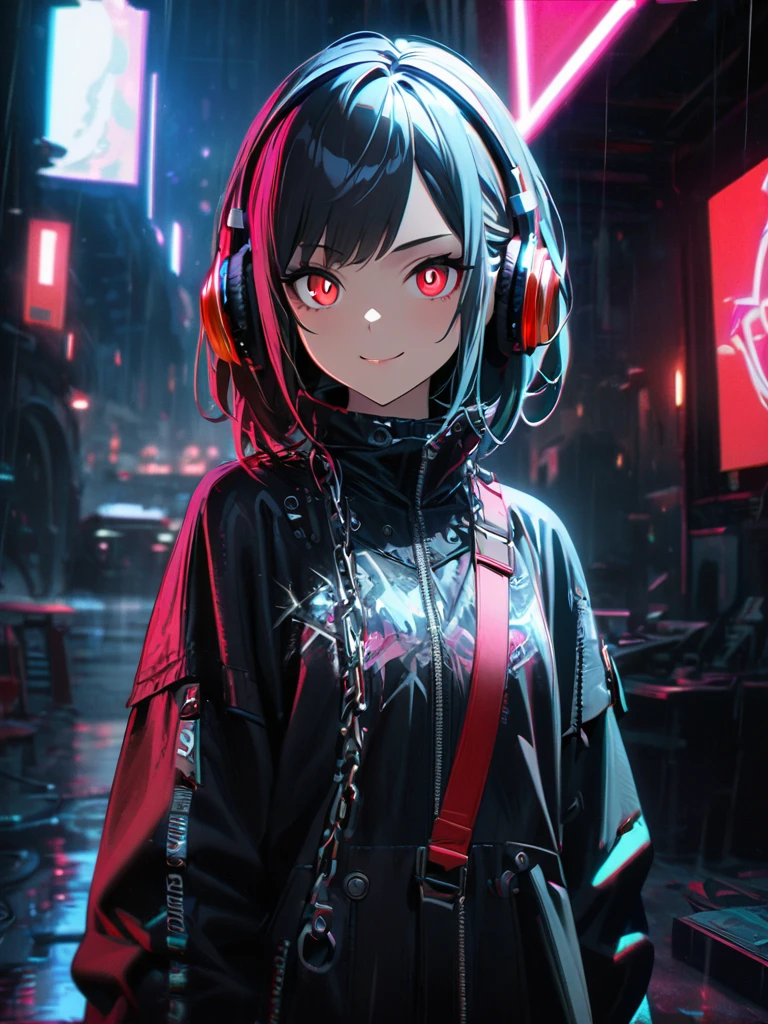 1 girl, chromatic aberration, Written boundary depth, Soft Light, masterpiece, Highest quality, complicated, Tone Mapping, Very detailed, Art Station, Concept Art, Smooth, Clear focus, Dramatic lighting, Very detailed artwork, movie, super practical painting, Art Station's trending, 8k, Incredible Shadows, practical, (Very detailed background:1.0), whole body, View, Viewers, Very detailed portrait of one girl 1, standing on street corner, Heavy rain and lightning、Dark Sky, neon and cyber punk background, she is dressed in punk clothing with silver chains and silver spikes, Her hair was dyed a bright black color.,The middle part is black, She wears headphones, Detailed red eyes with clear pupils, Ominous aura of light, smile, punk, ciber punk, Backlight.Her hair is neatly tied up.、Announcer talking about horses'tail、smileが素敵