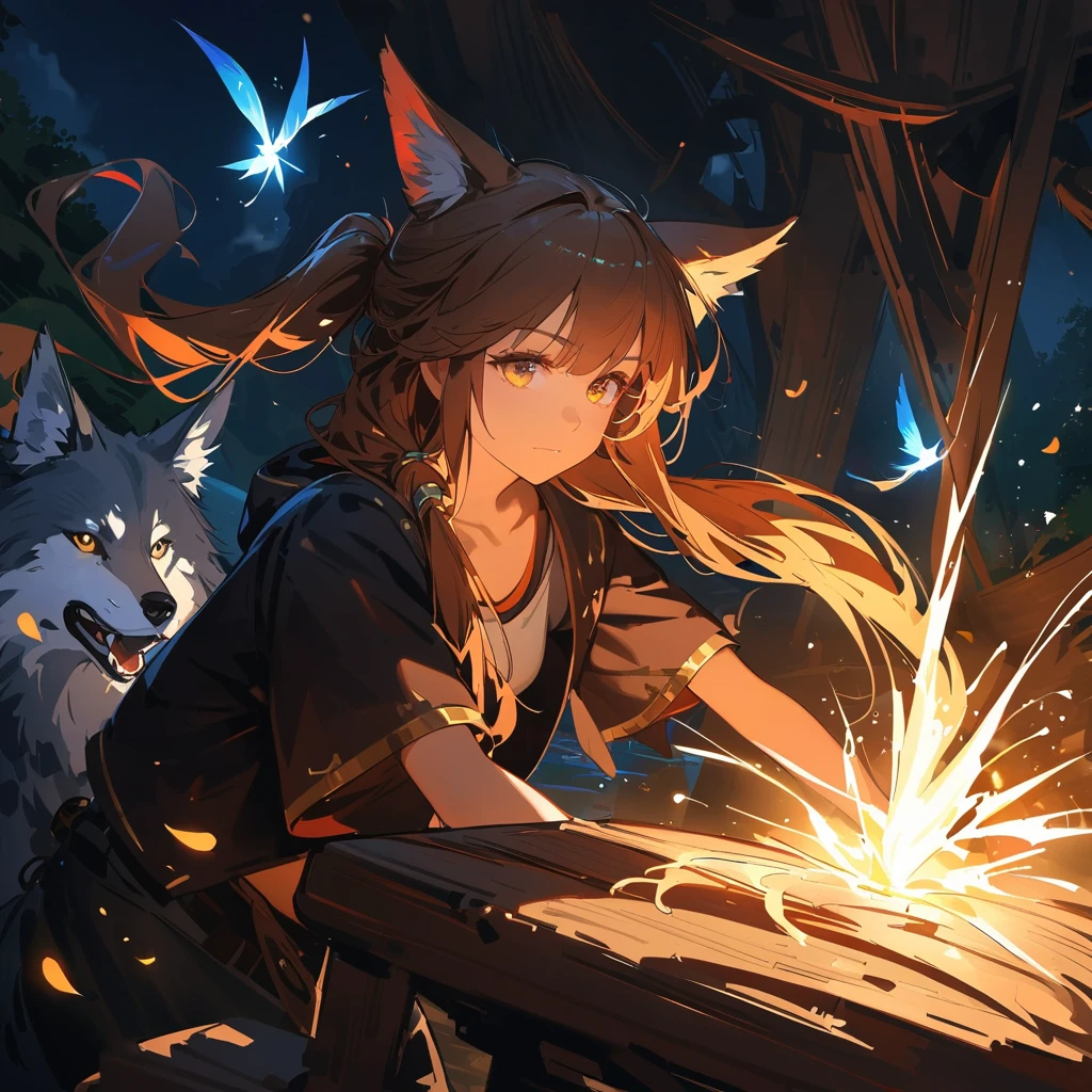 Holo_wise_wolf, animal ears, yellow eyes, peasant_top, stunning, hair over shoulder, hoodless, beautiful, 4k, high_definition, detailed, explorer, adventurous, magic, pirate, hatless