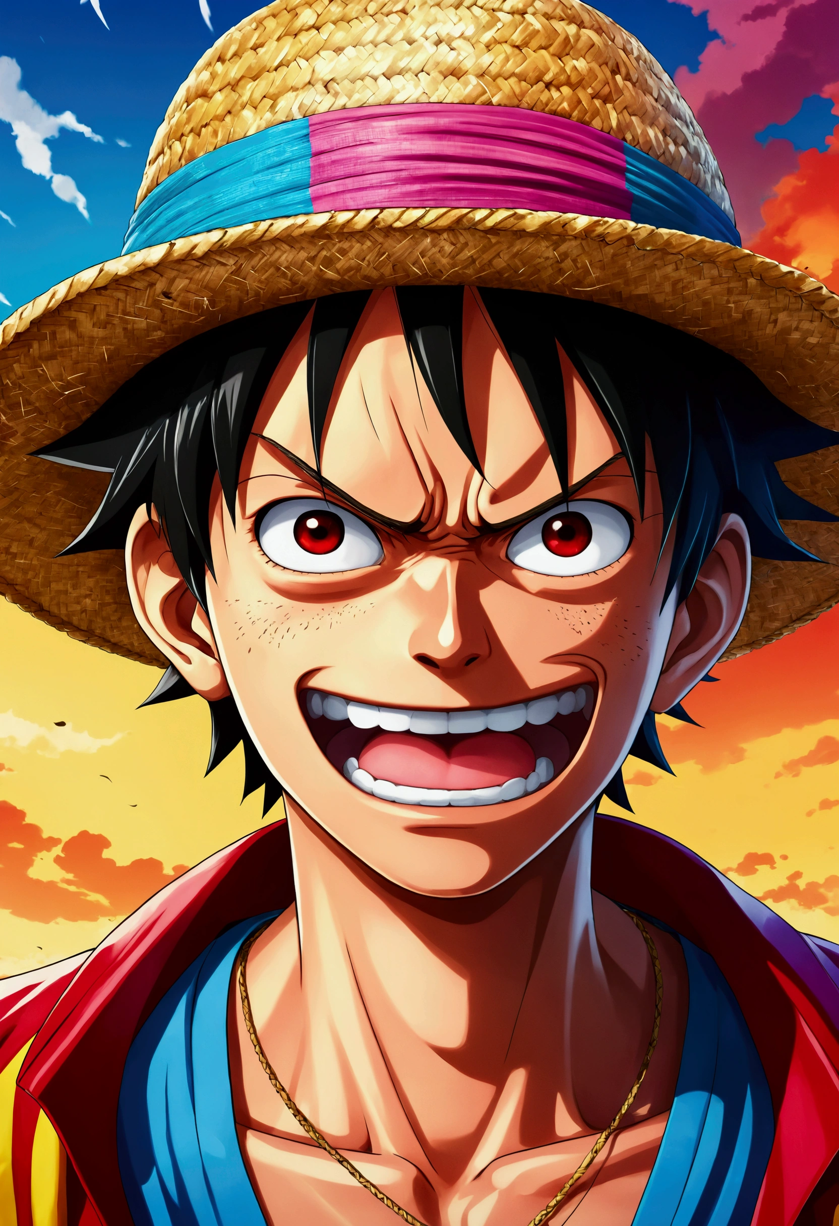 Illustration of a boy, Wano Style, Monkey D. Luffy, Angry expression, ((anime)), Straw hat, ((colorful)), 8k, ((masterpiece)), High resolution, Very detailed, Professional