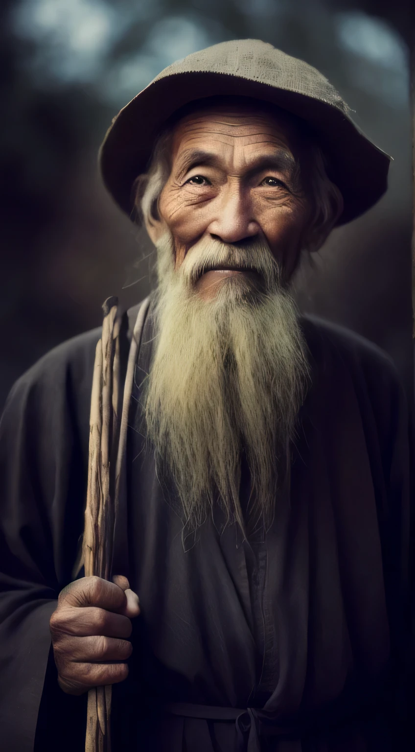 chinese,with a long beard,An Arafeld man wearing a hat with a stick, An old man, old man portrait, sharp looking portrait, peaceful expression, Wise old man, stunning portrait, Beautiful portrait, portrait photo of an old man, Old man, a old man, Serene expression, portrait of monk, of an old man, Portrait of an old man, Perfectly centered portrait