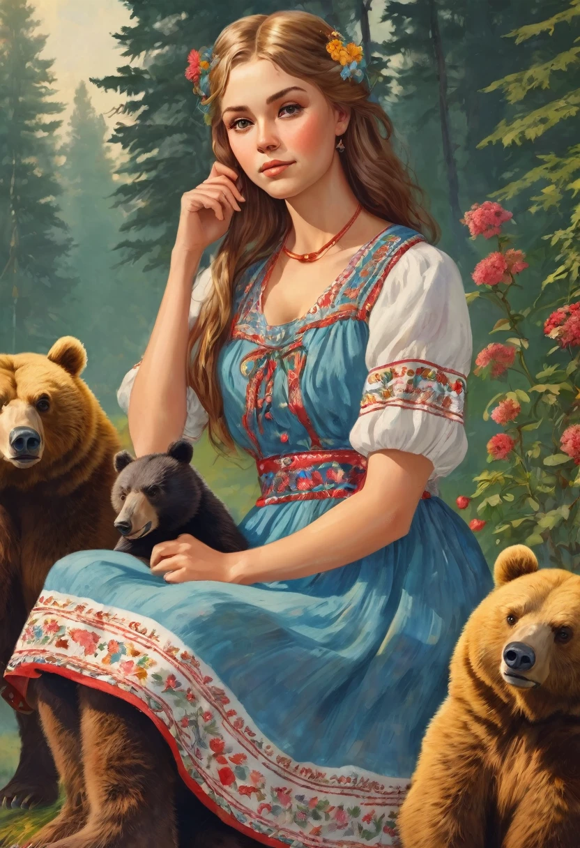 beautiful girl in a sundress sitting on a bear, Slavic!!!! Igor Grabar, Maxim Sukharev, , in the style of Stanislav Vovchuk, traditional Russia, Russian style, Slavic folk tale, based on Alexander Deineka, Sergei Vasnev, Mikhail Lebedev, pinup art