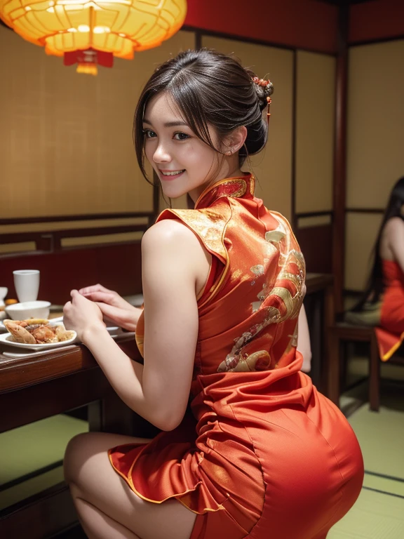 Beautiful mature older curvy ((granny)), large breasts detailed nipples, wide hips, narrow waist, ((magenta Cheongsam))), ((Chinese traditional dress)), (qipao), one-piece dress, black hair, updo hair, ((highly detailed pubic area, pelvis, lady genitals, and very fine highly detailed pubic hair)), (((very sweet smile))), looking at the viewers, (Lift the the skirt, Lift the skirt with both hands, Lift the skirt yourself), ((of the highest quality, masterpiece: 1.3)), Light on Face, (hyperdetailed middle-aged face, wrinkles, very detailed lips, Detailed eyes, Realistic pupils), HongKong restaurant, in love
