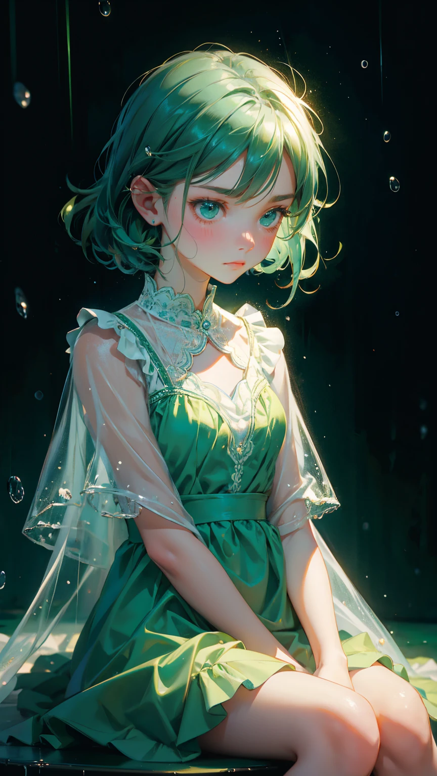 cute girl with sad emotions, sitting in the middle with raindrops, green dress splash of raindrops around him blue background,