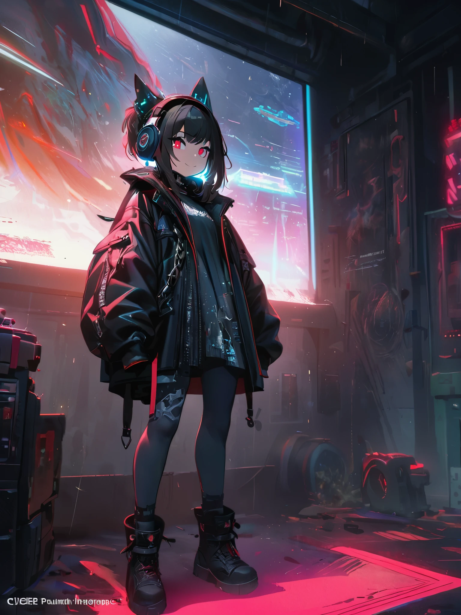 1 girl, chromatic aberration, Written boundary depth, Soft Light, masterpiece, Highest quality, complicated, Tone Mapping, Very detailed, Art Station, Concept Art, Smooth, Clear focus, Dramatic lighting, Very detailed artwork, movie, super practical painting, Art Station's trending, 8k, Incredible Shadows, practical, (Very detailed background:1.0), whole body, View, Viewers, Very detailed portrait of one girl 1, standing on street corner, Heavy rain and lightning、Dark Sky, neon and cyber punk background, she is dressed in punk clothing with silver chains and silver spikes, Her hair was dyed a bright black color.,The middle part is black, She wears headphones, Detailed red eyes with clear pupils, Ominous aura of light, smile, punk, ciber punk, Backlight.、No knowledge of horses'tail、Wear a camisole