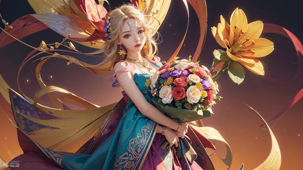 32K, 最高quality, 最高masterpiece, (ultra-Detailed Background, Detailed Background), High resolution, Super detailed, Very detailedな, One girl, (bouquet:1.3), (Tangled:1.2), (Geometric:1.2),(colorful),(masterpiece, quality, best quality, Official Art, Beautiful and beautiful:1.2), (1 girl:1.3), Very detailed,(colorful:1.1)(Flowers:1.3),Most detailed,(Tangled:1.2), whole body, (Abstract background:1.3), (Skin glows), (Many colors:1.4), ,(Earrings Jewelry:1.5), Pale Red Background,