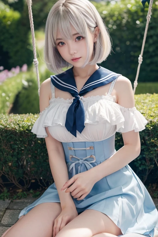 reflected light、Platinum blonde hair with dazzling highlights、Shiny Hair、beautiful shiny bangs、bright, clear, Charm, large blue eye、A very beautiful, adorable and cute girl.、Ample Bust、Beautiful detailed eye、 Beautifully detailed nose,((whole body:1.5)),eyeを強調するメイク、Scattered beneath the surface、Glamorous details、Nature background、Super huge breasts、((Cinematic))、(Loose and fluffy perm:1.4)、1 girl、((Bob Hair:1.3))、超Genuineな8K CG、絵に描いたようなperfectionなperfectionな顔、perfection、clean、masterpiece、Professional artwork、 Famous works of art、perfectionな顔、Beautiful Face、美しいeyeのない女性の体))、alone、(Immersive atmosphere、Claire Obscure:1.5、bright light:1.2、bright lighting)、(blush:0.5)、Captivating look、Very detailed_eye、Beautifully detailed backgrounds、Written boundary depth、Genuine:1.3、Long Shot、whole body、(Zhou Haoguang:1.3)、(Cinematic composition:1.3)、(Puffy eye:1.2)、(Slim legs)、(Light on face and chest)、(((((Underbust)))))、Under the chest、Oily skin、thin、 Mature Woman、Light blue hair、((bright灰色の髪))、(((Two-tone hair)))、Slender women、Cute Woman、 8K Ultra HD,Detailed face、Delicate texture, ((Sailor suit))、Sailor suitを着た女の子、garden、Swing、((Swingをこぐ女の子))、((Swingに乗った女の子))、evening