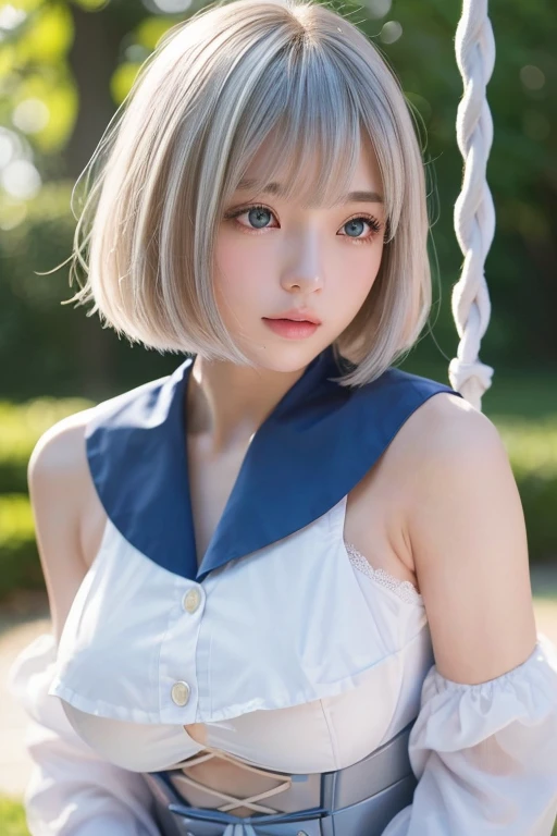 reflected light、Platinum blonde hair with dazzling highlights、Shiny Hair、beautiful shiny bangs、bright, clear, Charm, large blue eye、A very beautiful, adorable and cute 16 year old girl.、Ample Bust、Beautiful detailed eye、 Beautifully detailed nose,((whole body:1.5)),eyeを強調するメイク、Scattered beneath the surface、Glamorous details、Nature background、Super huge breasts、((Cinematic))、(Loose and fluffy perm:1.4)、1 girl、((Bob Hair:1.3))、超Genuineな8K CG、絵に描いたようなperfectionなperfectionな顔、perfection、clean、masterpiece、Professional artwork、 Famous works of art、perfectionな顔、Beautiful Face、美しいeyeのない女性の体))、alone、(Immersive atmosphere、Claire Obscure:1.5、bright light:1.2、bright lighting)、(blush:0.5)、Captivating look、Very detailed_eye、Beautifully detailed backgrounds、Written boundary depth、Genuine:1.3、Long Shot、whole body、(Zhou Haoguang:1.3)、(Cinematic composition:1.3)、(Puffy eye:1.2)、(Slim legs)、(Light on face and chest)、(((((Underbust)))))、Under the chest、Oily skin、thin、 Mature Woman、Light blue hair、((bright灰色の髪))、(((Two-tone hair)))、Slender women、Cute Woman、 8K Ultra HD,Detailed face、Delicate texture, ((Sailor suit))、Sailor suitを着た女の子、garden、Swing、((Swingをこぐ女の子))、((Swingに乗った女の子))、evening