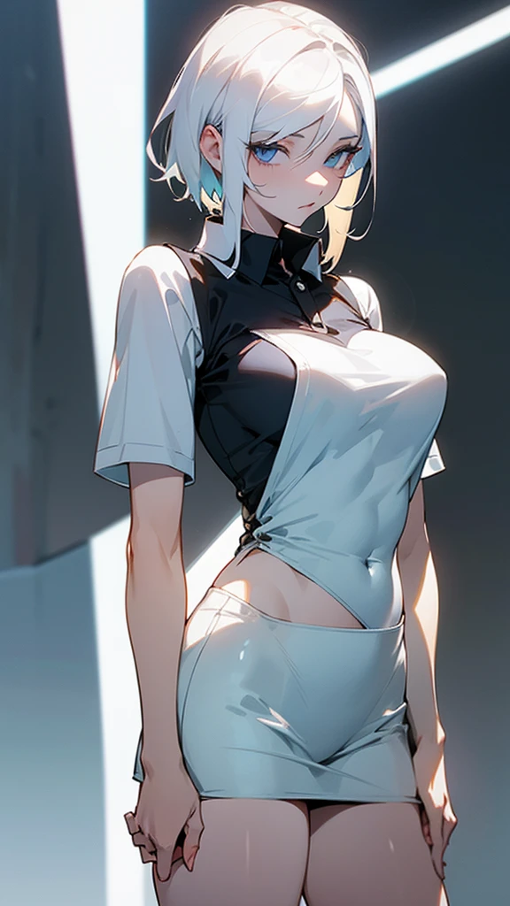I want three women, the first with white hair, light blue eyes, white skin, with a tender white outfit, the second woman with blonde hair, white skin, gray eyes, with a short, sexy polo shirt that shows off her breasts, and a short, sexy skirt, and the intimate one. woman with a short polo that shows her marked abs with black hair with honey-colored eyes and white skin with a short short that shows her thighs