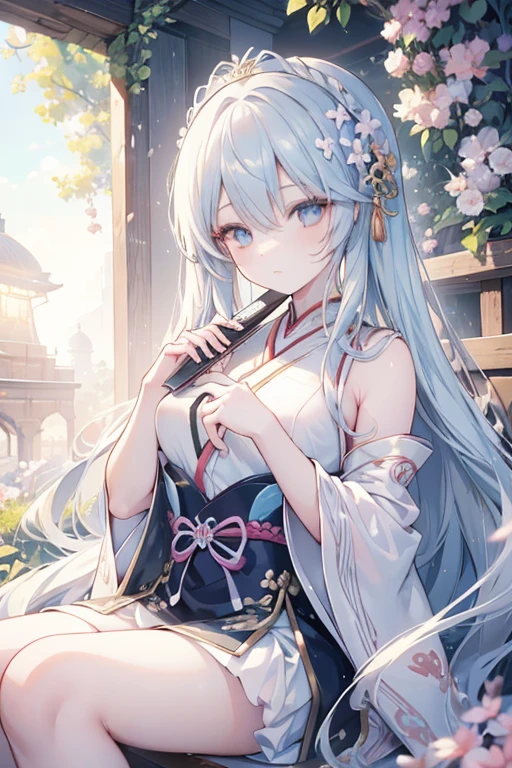 A beautiful anime girl sitting on a chair, holding a fan, with long white hair flowing. The girl has captivating anime-style eyes and a detailed face with beautiful lips. She is dressed in a traditional xianxia outfit, with intricate designs and vibrant colors. The scene is set in a serene garden, with blooming flowers and lush greenery. The girl is in a relaxed posture, crouching down gracefully. The lighting is soft and natural, casting a warm glow on the surroundings. The artwork is created in a medium of digital illustration, inspired by the works of guweiz, a renowned artist on Pixiv and ArtStation. The image quality is of the highest standards, with a resolution of 4K or 8K. The artwork showcases ultra-detailed features, with a photorealistic style that brings the girl and the scenery to life. The color palette is vibrant and visually appealing, with a touch of fantasy and magic. The overall atmosphere exudes a sense of calmness and elegance, capturing the beauty and ethereal nature of the scene.