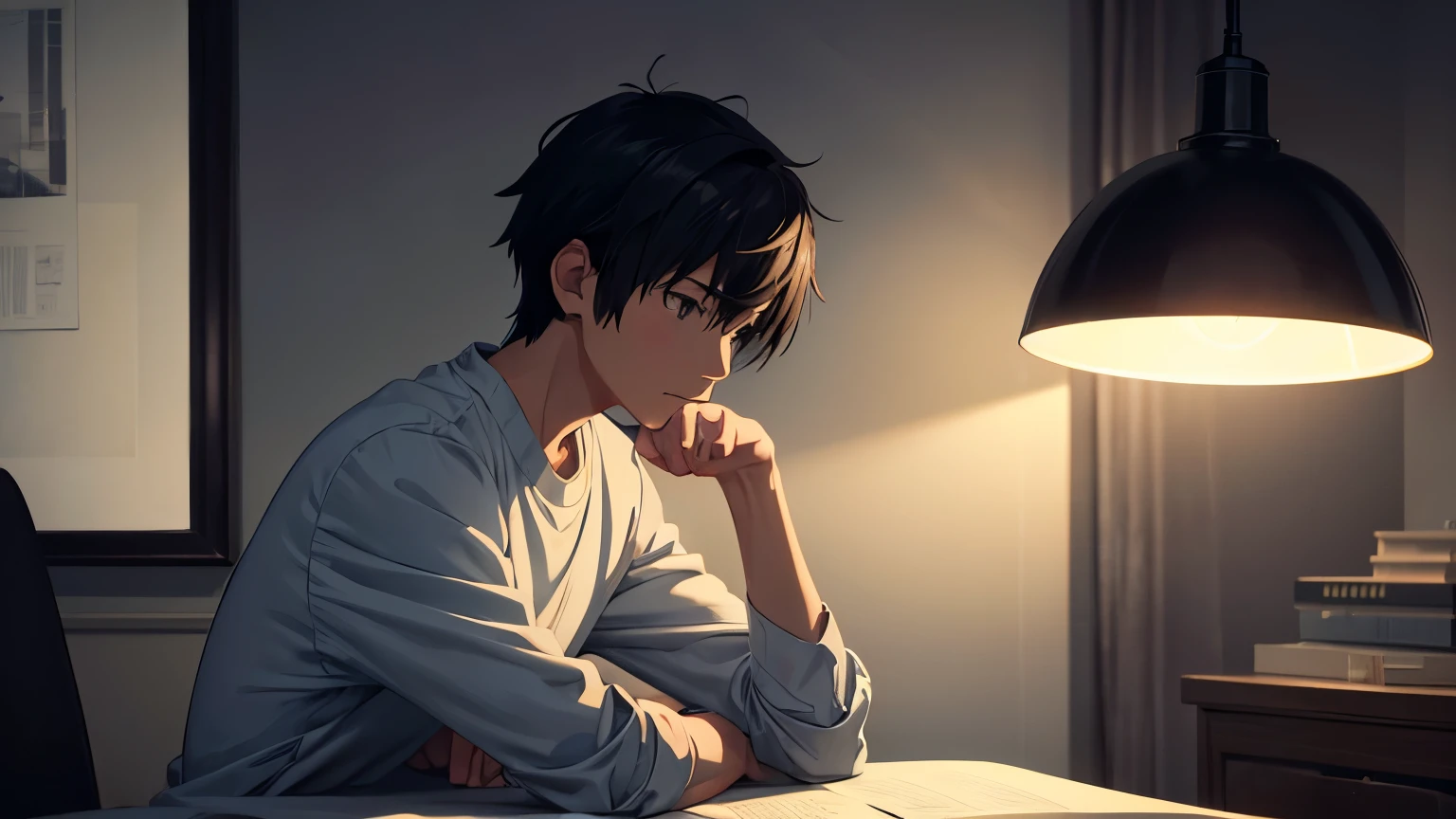 a scene in a room of a boy studying, Profile, captured by Makoto Shinkai, Soft color palette that enhances the atmosphere, dark surroundings, with just the light from the lamp, lofi musician adding a calm and unique sound layer, calm and cozy atmosphere (best qualityer), (8k resolution), (ultra hifhres)