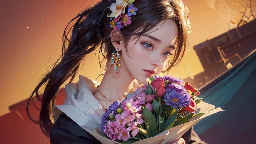 32K, 最高quality, 最高masterpiece, (ultra-Detailed Background, Detailed Background), High resolution, Super detailed, Very detailedな, One girl, (bouquet:1.3), (Tangled:1.2), (Geometric:1.2),(colorful),(masterpiece, quality, best quality, Official Art, Beautiful and beautiful:1.2), (1 girl:1.3), Very detailed,(colorful:1.1)(Flowers:1.3),Most detailed,(Tangled:1.2), whole body, (Abstract background:1.3), (Skin glows), (Many colors:1.4), ,(Earrings Jewelry:1.5), Pale Red Background,