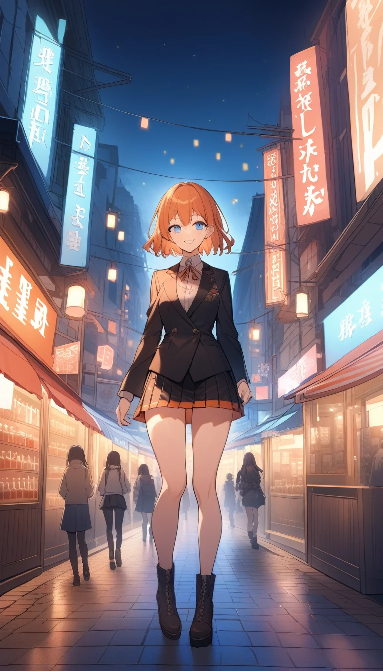 Orange Hair、Blue Eyes、20-year-old women、In detail、beautifully、Glowing Skin、smile、whole body、mini skirt、In town