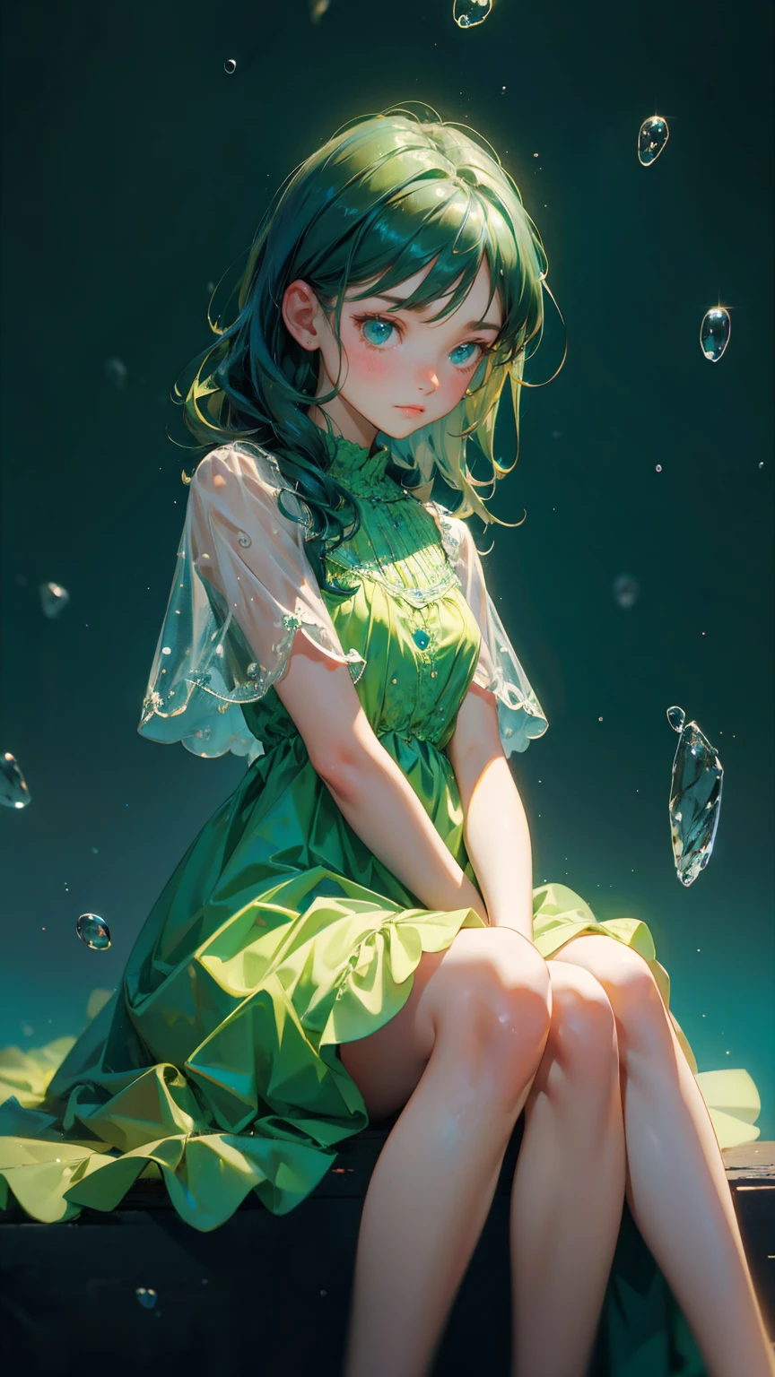 cute girl green dress with sad emotions, sitting in the middle with raindrops, raindrops around him, blue background, blue background