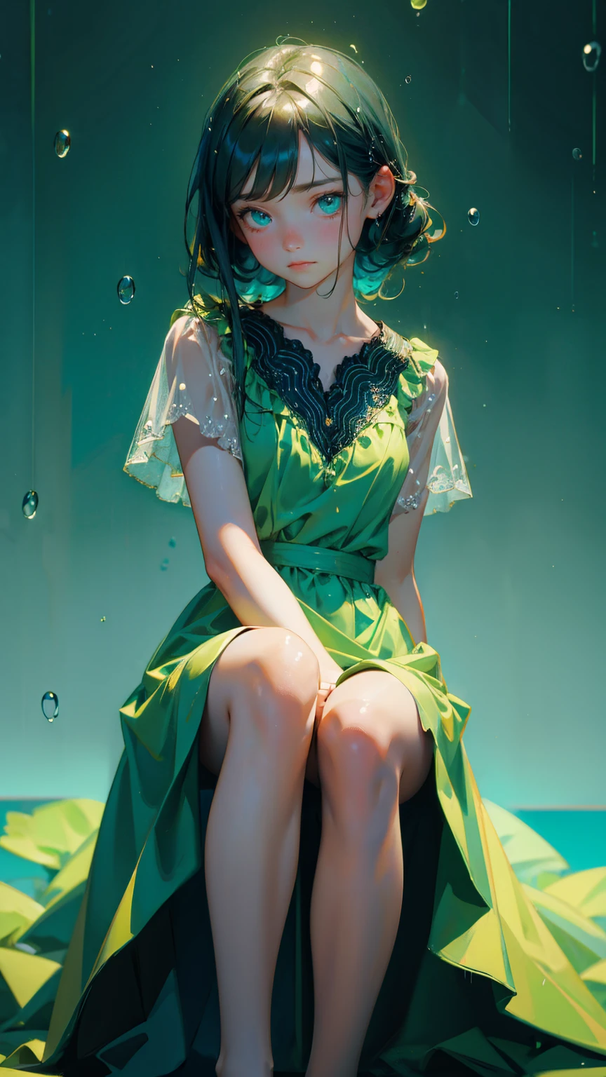 cute girl green dress with sad emotions, sitting in the middle with raindrops, raindrops around him, blue background, blue background