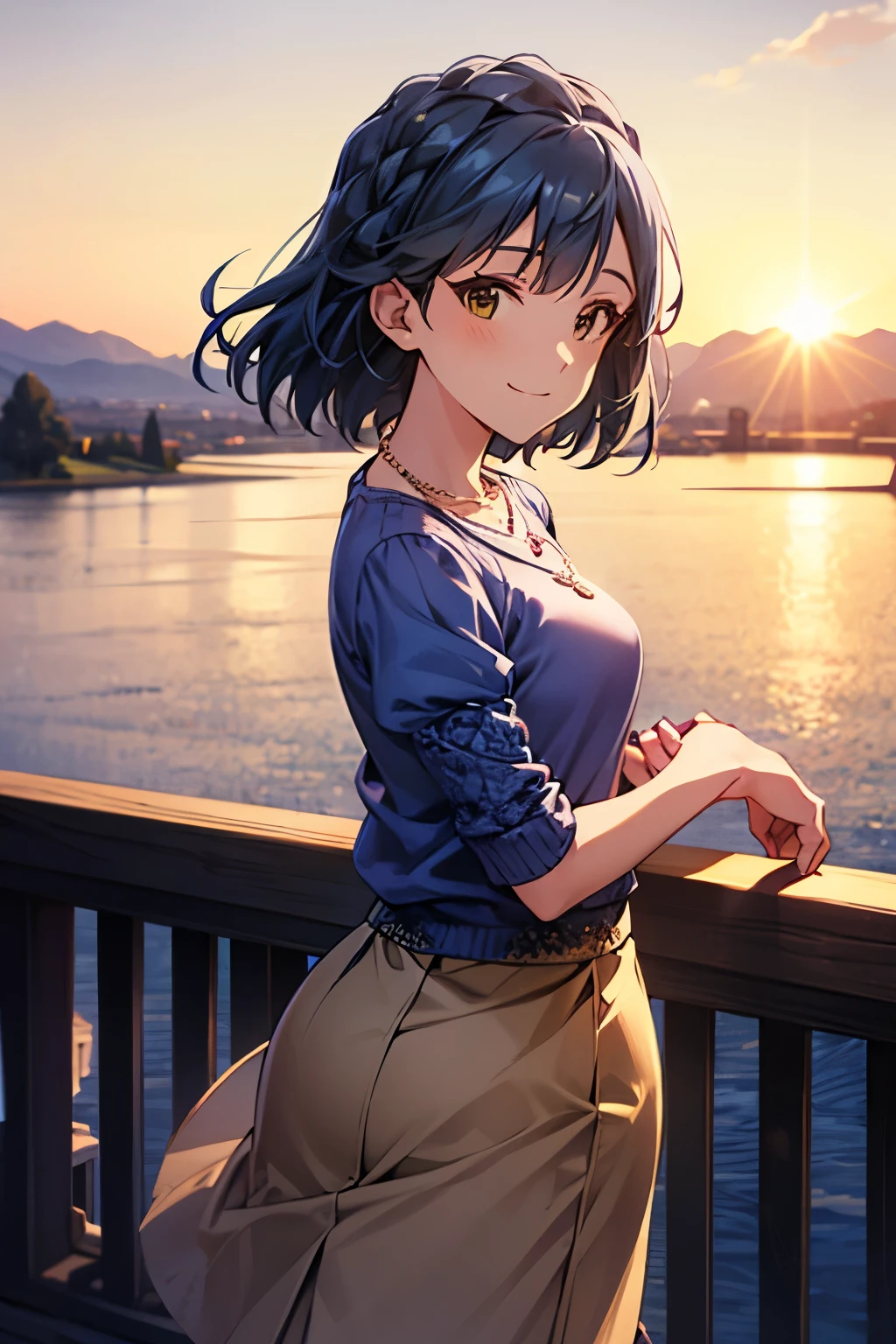 yuriko nanao (million live), 1 girl, Solo, Best Quality, masterpiece, 8K, High resolution, Ultra-detailed, madeon, from side, looking at viewer, light smile, blue sweater, high neck sweater, puffy sleeves, short sleeves, necklace, long skirt, (((lacy skirt, white skirt))), in the observation deck, high mountain and the lake in distance, sun set,