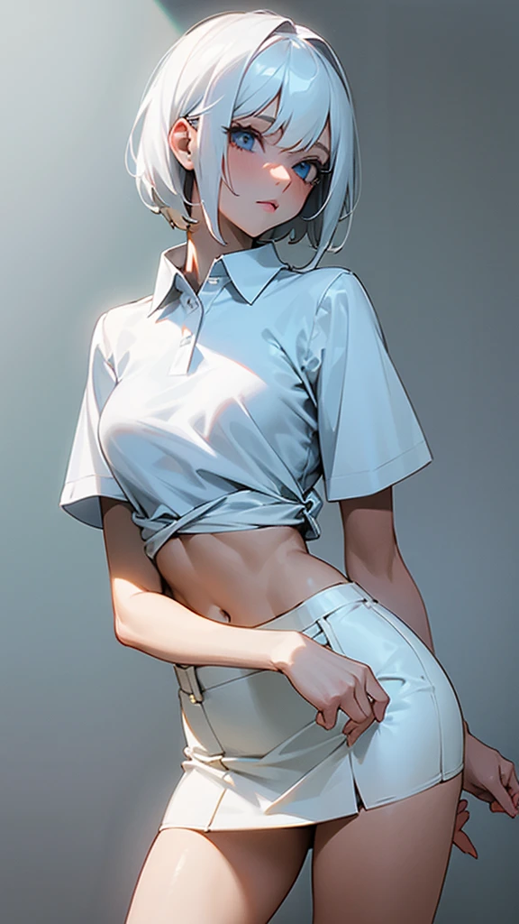 absurd, masterpiece, best quality, realistic, hyper-detailed, (shiny skin, sweaty:1.4), slender, looking at viewer, 1girl, solo, tennis wear, white polo shirt, white sneakers, white miniskirt, short hair, platinum blonde hair, green eyes, (thick thighs:0.5), dynamic lighting, high resolution, sharp focus, depth of field, detailed eyes, sharp pupils, realistic pupils, small breasts