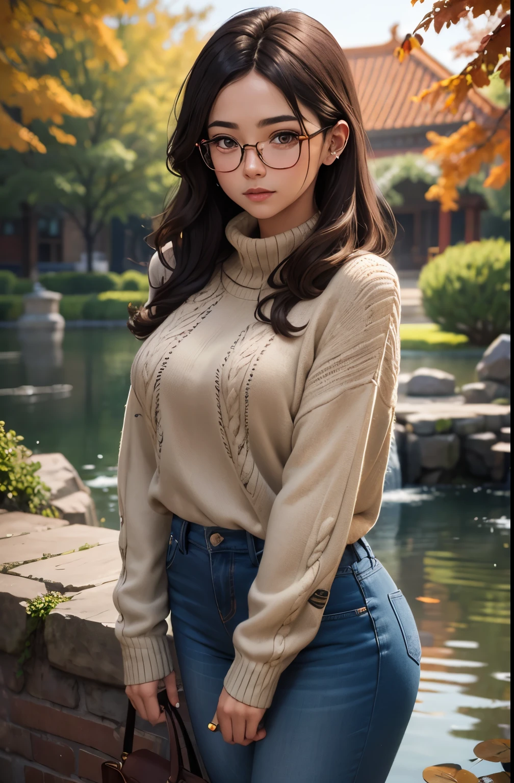 boy((Glasses,brown eyes,dark hair color,sweater,jeans))China,Stands by the Pond,Looks at Rybok,Red Fish,lilies,Arch and Stone Tile,ultra detail, top quality,masterpiece,bright colors, Wallpaper 8K,