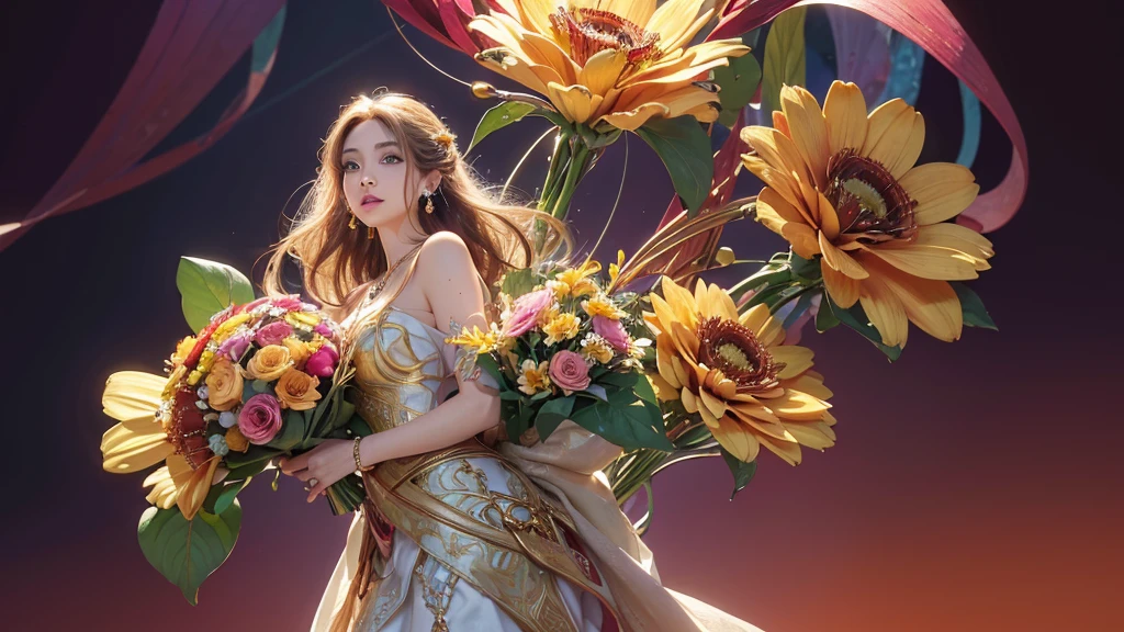 32K, 最高quality, 最高masterpiece, (ultra-Detailed Background, Detailed Background), High resolution, Super detailed, Very detailedな, One girl, (bouquet:1.3), (Tangled:1.2), (Geometric:1.2),(colorful),(masterpiece, quality, best quality, Official Art, Beautiful and beautiful:1.2), (1 girl:1.3), Very detailed,(colorful:1.1)(Flowers:1.3),Most detailed,(Tangled:1.2), whole body, (Abstract background:1.3), (Skin glows), (Many colors:1.4), ,(Earrings Jewelry:1.5), Pale Red Background,