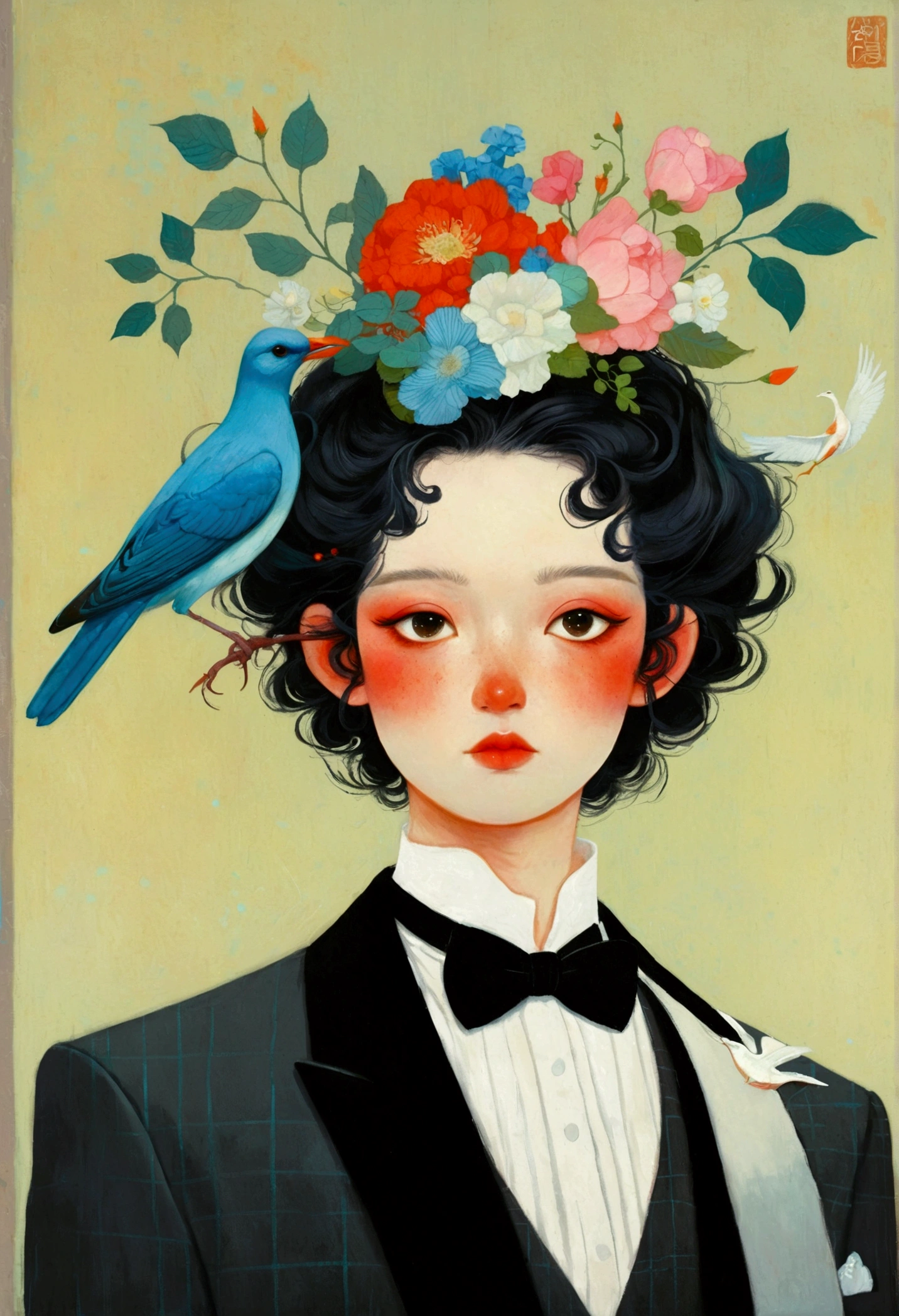 There is a painting,The painting shows a man with a bird on his head, Beeple 和 Jeremiah Ketner, yuri shwedoff and tom bagshaw, author:Eddie Mendoza, Blue Head, hyper-realistic illustration, jc leyendecker and sachin teng, shaun tan 和 peter mohrbacher, tom bagshaw style, Bird Head, Inspired by Tran Nguyen