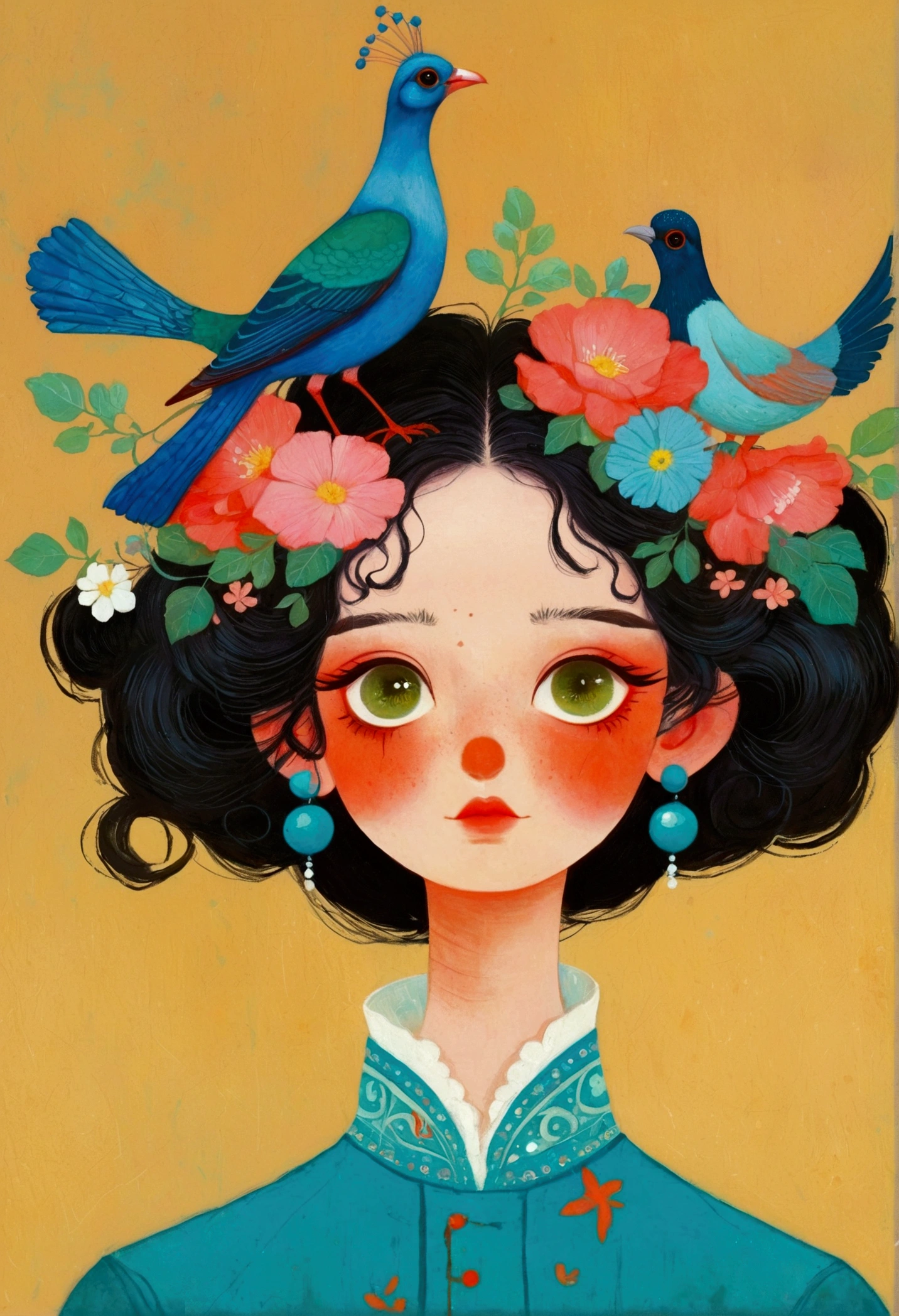 There is a painting，The painting shows a man with a bird on his head, Beeple 和 Jeremiah Ketner, yuri shwedoff and tom bagshaw, author：Eddie Mendoza, Blue Head, hyper-realistic illustration, jc leyendecker and sachin teng, shaun tan 和 peter mohrbacher, tom bagshaw style, Bird Head, Inspired by Tran Nguyen