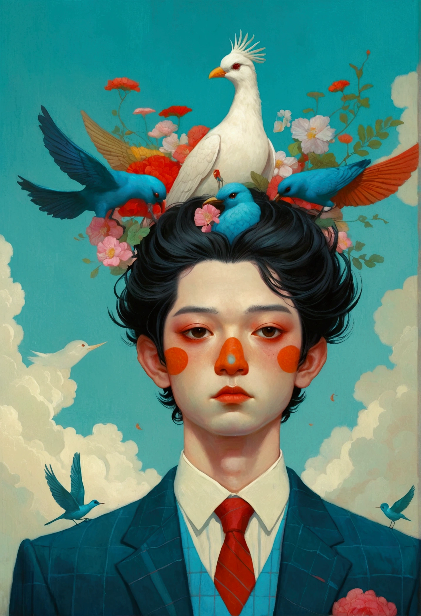 There is a painting，The painting shows a man with a bird on his head, Eddie Mendoza (Eddie Mendoza) Digital Art, Winner of the Behance competition, Pop surrealism, Beeple 和 Jeremiah Ketner, yuri shwedoff and tom bagshaw, hyper-realistic illustration, Blue Head, jc leyendecker and sachin teng, shaun tan 和 peter mohrbacher, tom bagshaw style, Bird Head