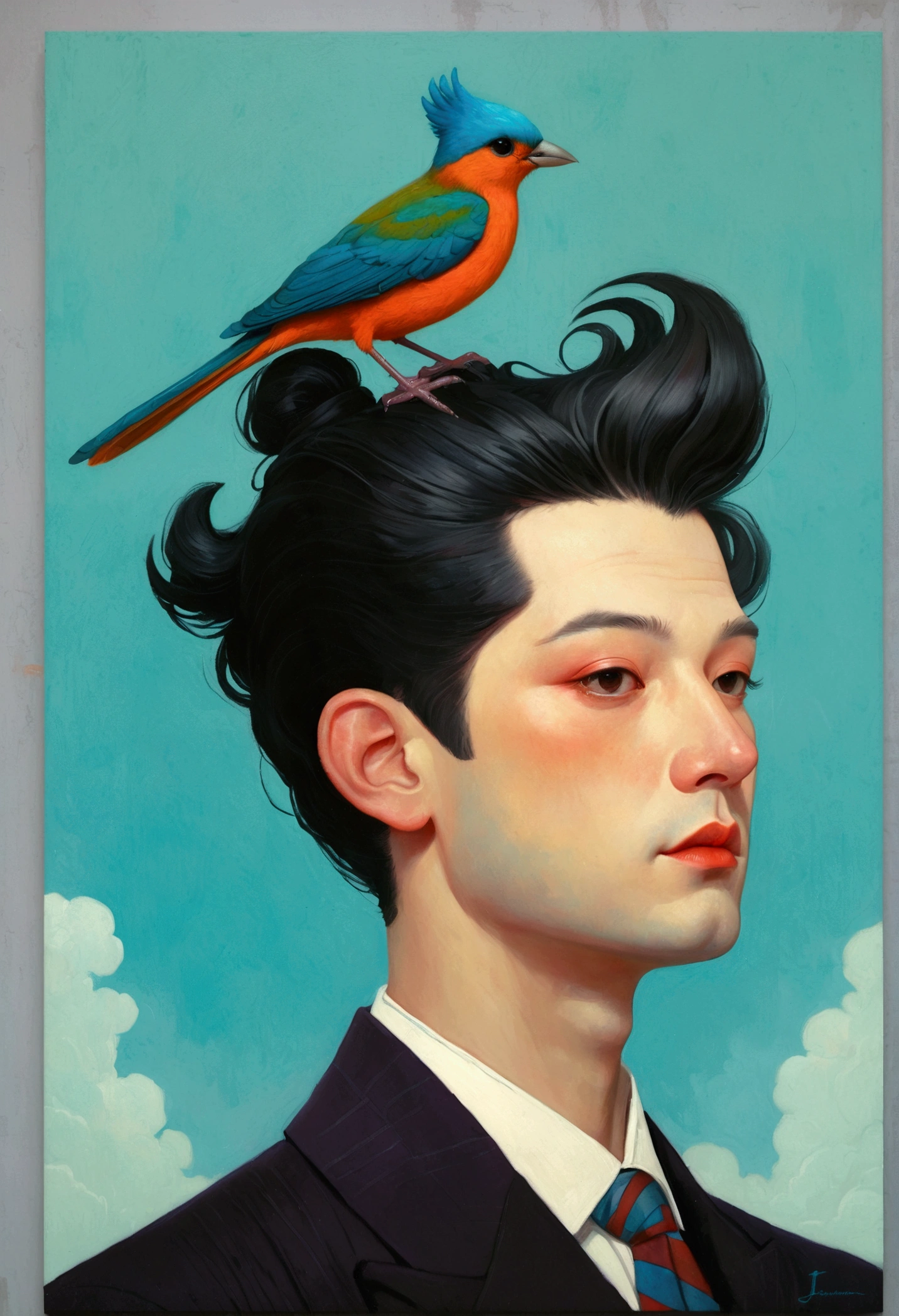 There is a painting,The painting shows a man with a bird on his head, Eddie Mendoza (Eddie Mendoza) Digital Art, Winner of the Behance competition, Pop surrealism, Beeple 和 Jeremiah Ketner, yuri shwedoff and tom bagshaw, hyper-realistic illustration, Blue Head, jc leyendecker and sachin teng, shaun tan 和 peter mohrbacher, tom bagshaw style, Bird Head