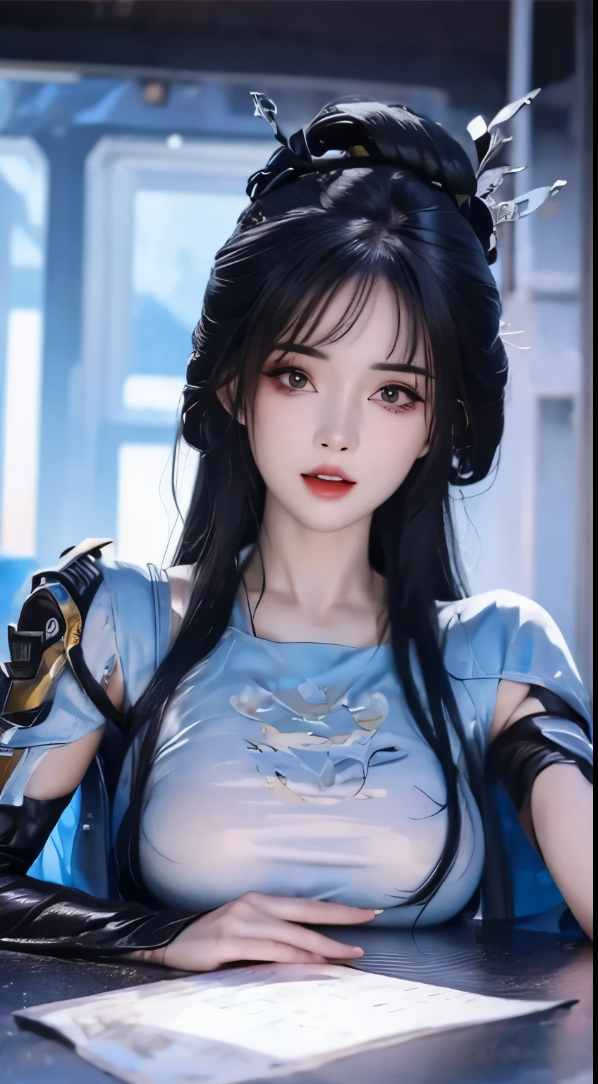 Delicate facial features,Girl wearing cyber sci-fi makeup,Cool mecha texture black clothes,In a brightly lit future environment。