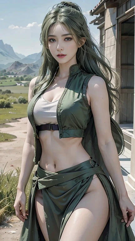 Reality, high resolution, 1 Woman, Solitary, Hips up, View Viewer, (Delicate face), Green Hair, Vest, Jewelry, Battlefield Attire, Green Clothing, Bare belly, Battlefield Search, Battlefield Background, Charming pose,