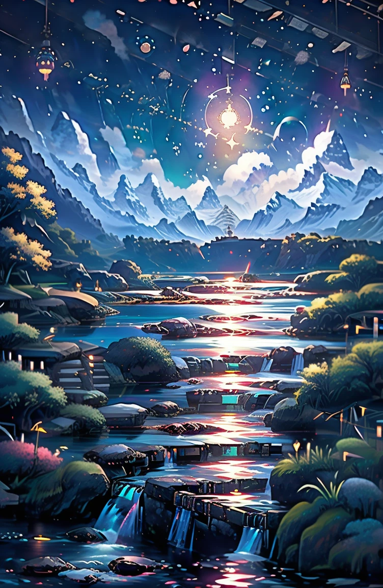 {{{Crescent moon,Table}}}, {{top quality, Ultra-thin illustrations, Beautiful and gentle water}}, {{very gentle light}}, {{nature, drawing}}, {{Excellent lighting, A more transparent star, High-quality mountains々々々々々々々, Very beautiful 8K PCG wallpaper}}, (Plateau), sunrise, randomly distributed clouds, cliff, ((Rotating starry sky)), ((mountain stream lake)), {{{glowing particles,Samurai,Hold your sword,Japanese sword}}}