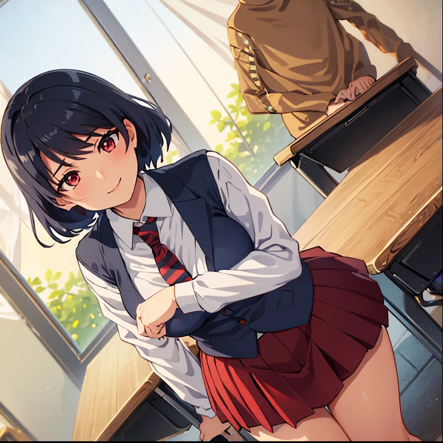 ((1girl)),((alone)),Rui tachibana,(masterpiece), (best quality), (ultra detailed), (best illustration), (best shadow), (absurdities), sharp focus, cowboy shot , dynamic posture looking at the viewer, big breasts, narrow waist, wide hips, wide thighs, round butt, erotic, romantic, (very detailed eyes, lips 1.1), very detailed eyes, eyes, Very detailed face, Very beautiful face, height full, beautiful slim figure, femininity, expressive appearance, elastic big breasts, sexuality, short hair, red eyes, dark blue hair, red skirt, pleated skirt, short skirt, , dark blue vest, white shirt, dress shirt , long sleeve, striped tie, bare legs, brown loafers, black socks, defined body, perfect and beautiful body, perfect and beautiful, closed mouth, smile, seductive smile, blushing, (sexy pose: 1.2), ((solo)), standing: 1.3, interior, school, classroom, desk, chairs, desks, window, sunset, looking forward, ((focus on hips)), point of view: (from below), red blush, anatomy perfect, perfect hands