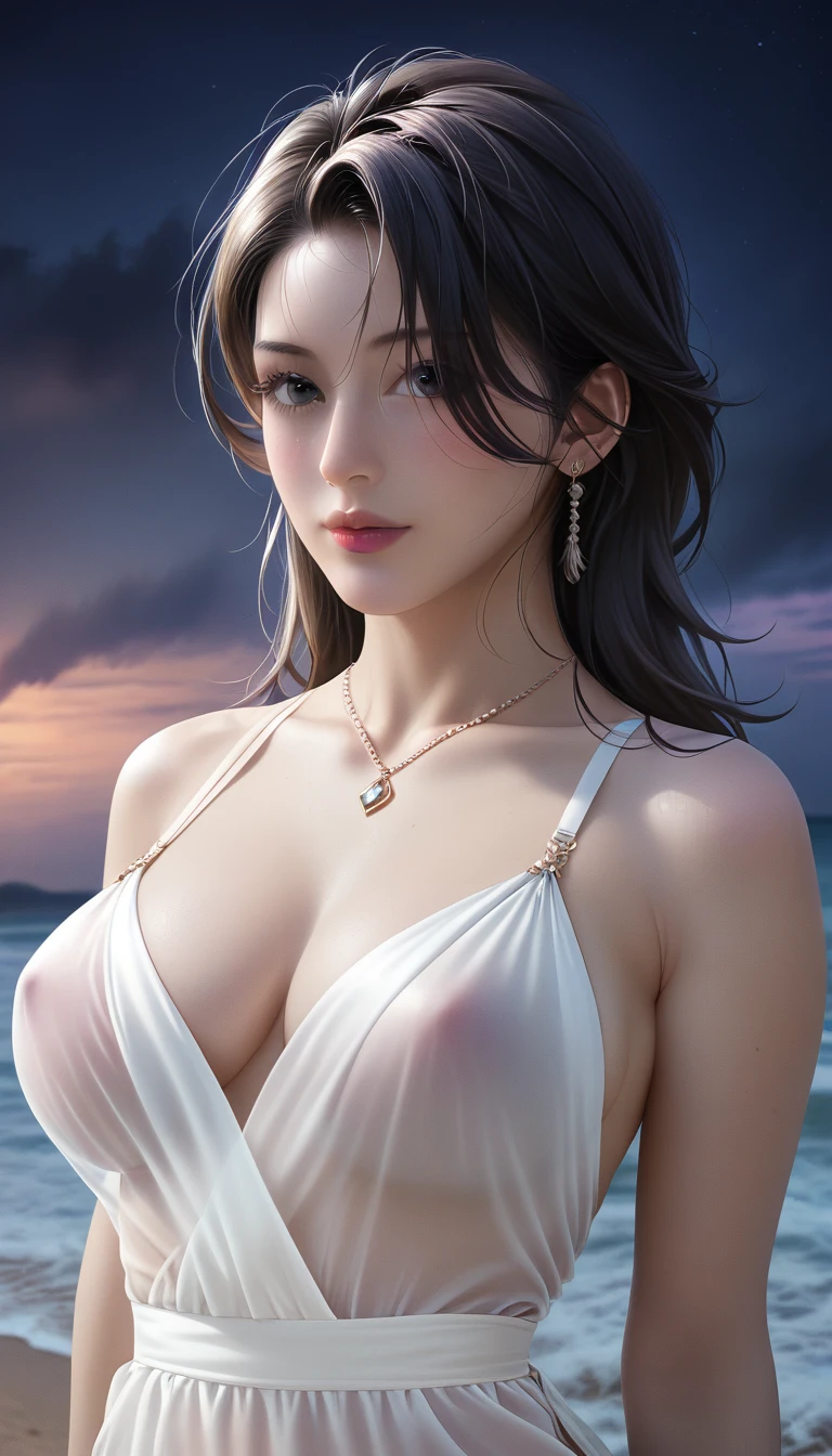 score_9, score_8_superior, score_7_superior, Masterpieces with up to 16K resolution,Highest quality,it is really amazing,Very detailed,Ultra-high resolution,(Ultra-realistic:1.1),(Realistic:1.1),Increased depth of field,Cinematic lighting,
Elegant Japanese MILF,
Long black hair,Ultra-detailed and beautiful face,Translucent white skin,Realistic skin texture,
(Elegant swimwear:1.1),
Bold design,Artistic design,Beautiful and detailed pattern,Detailed fabric texture,
Gorgeous necklace,Earrings,
(Deserted beach at night:1.4),(Dark night sky with dark clouds:1.4),
(Dramatic Angle:1.1),