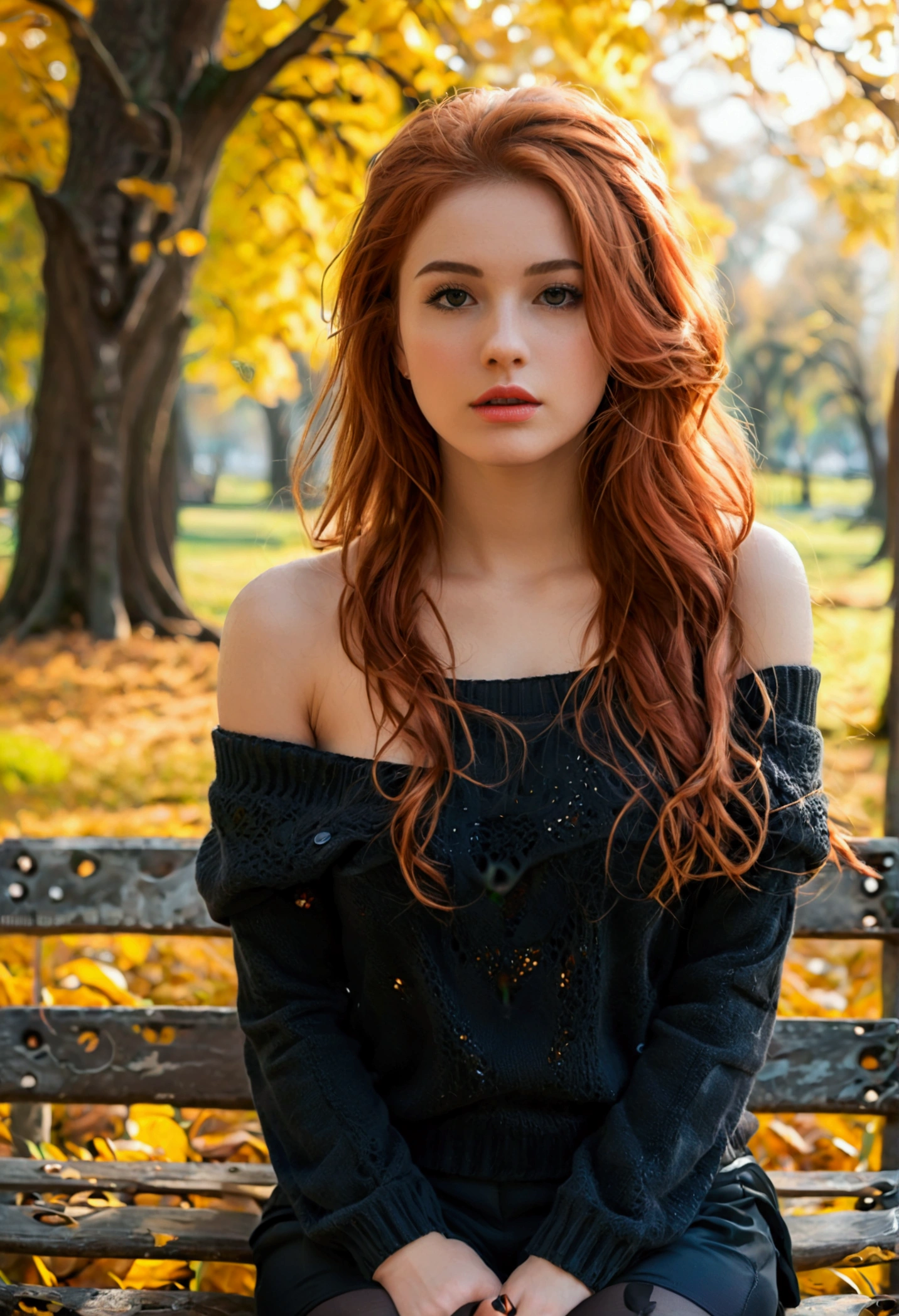 (full body shot:1.1) photorealistic image of a (standing pose:1.1) woman, ultra realistic, photography, long red hair, girl, 24 years old, hourglass figure, perfect body, Flirty look, natural medium breasts, blur background, glossy lips, ((shorts, tights, off-shoulder sweater)), sitting crossed legs on bench, in park, she wears black boots, full body picture, full body, full body shot, wide angle, wide angle picture, wide angle shot, perfect hands
