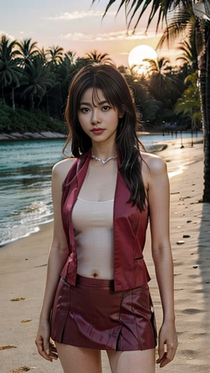 Ultra-detailed 8K photos of Japanese gravure models，Shoulder-length wavy hair and stunning hazel eyes. She poses seductively on a tropical beach, Dress chic, Vest,  mini skirt, The afterglow of the setting sun fell on her, When she playfully, Looking at the camera, Surrounded by the tranquil beauty of the ocean and palm trees