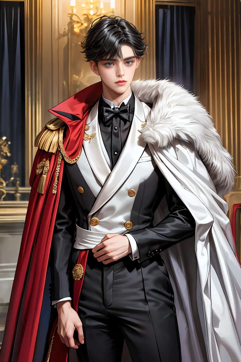 
masterpiece, 最high quality, high quality, 1 boy, alone, Male focus, Watching the audience,  Messy black hair, Adorable big blue eyes, White, Noble, Noble,A black and red cape that is bursting with sexy volume、Tuxedo、A very voluminous, large, very large, very large, long, long red and black cape with a high stand-up collar, made of a lot of fabric that reaches down to the floor., 17 years old,Cute beautiful boys,Cute, cute, kind, handsome guy