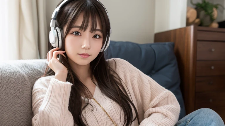 Produce the highest quality and highest resolution 8K images。Please draw the upper body of a 20 year old Japanese woman.。Please draw an image of you relaxing at home listening to music with headphones.。She has brown eyes and a model-like figure、She has an idol-level cute face.。The hair is wavy。Clothes、I&#39;m wearing short-sleeved loungewear。The skin is、It is a natural skin color。she、Looking at you with a smile。