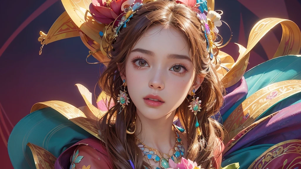 32K, 最高quality, 最高masterpiece, (ultra-Detailed Background, Detailed Background), High resolution, Super detailed, Very detailedな, One girl, (bouquet:1.3), (Tangled:1.2), (Geometric:1.2),(colorful),(masterpiece, quality, best quality, Official Art, Beautiful and beautiful:1.2), (1 girl:1.3), Very detailed,(colorful:1.1)(Flowers:1.3),Most detailed,(Tangled:1.2), whole body, (Abstract background:1.3), (Skin glows), (Many colors:1.4), ,(Earrings Jewelry:1.5), Pale Red Background,