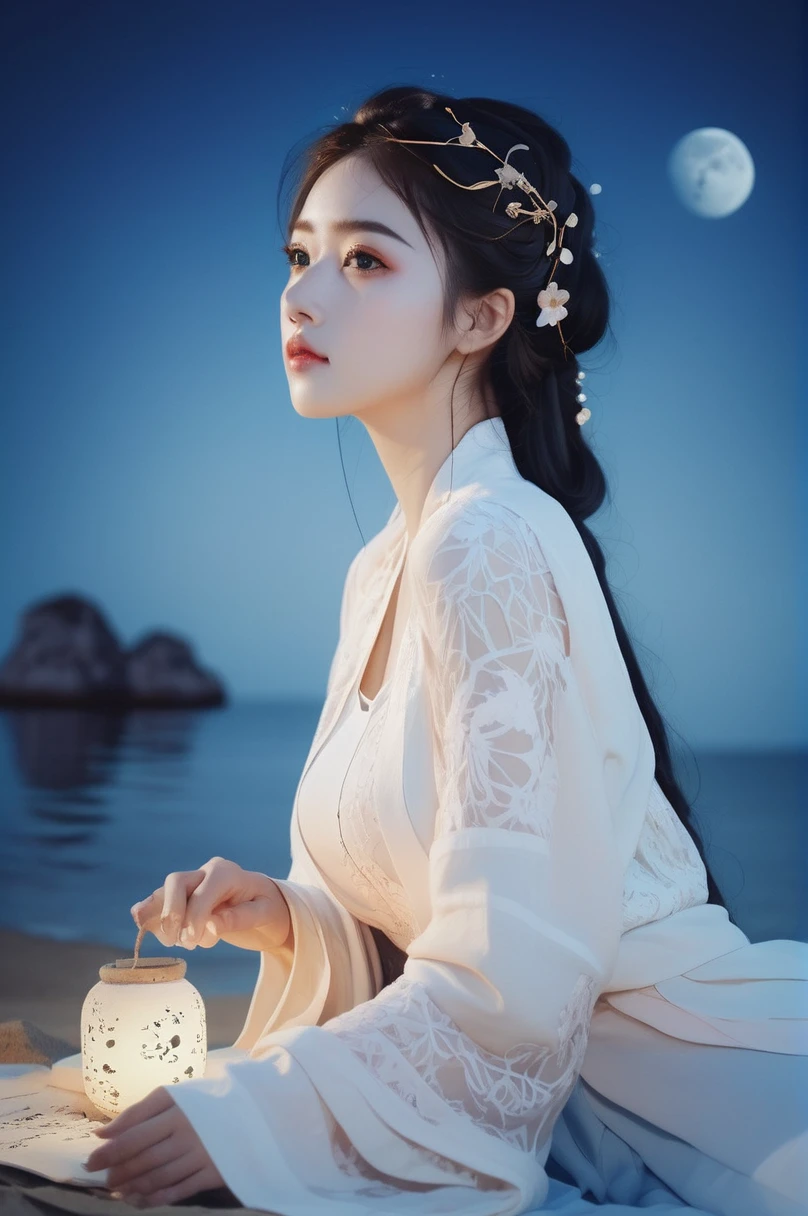 Double exposure style, Volumetric Lighting, Girl in lace shirt,Four-character sitting,beach,Traditional clothing,Artistic calligraphy and ink,Illustration Zentangle,In the blue hour,peaceful, light depth, Dramatic atmospheric lighting, Volumetric Lighting, Ghosting effect, Image combination, Double exposure style