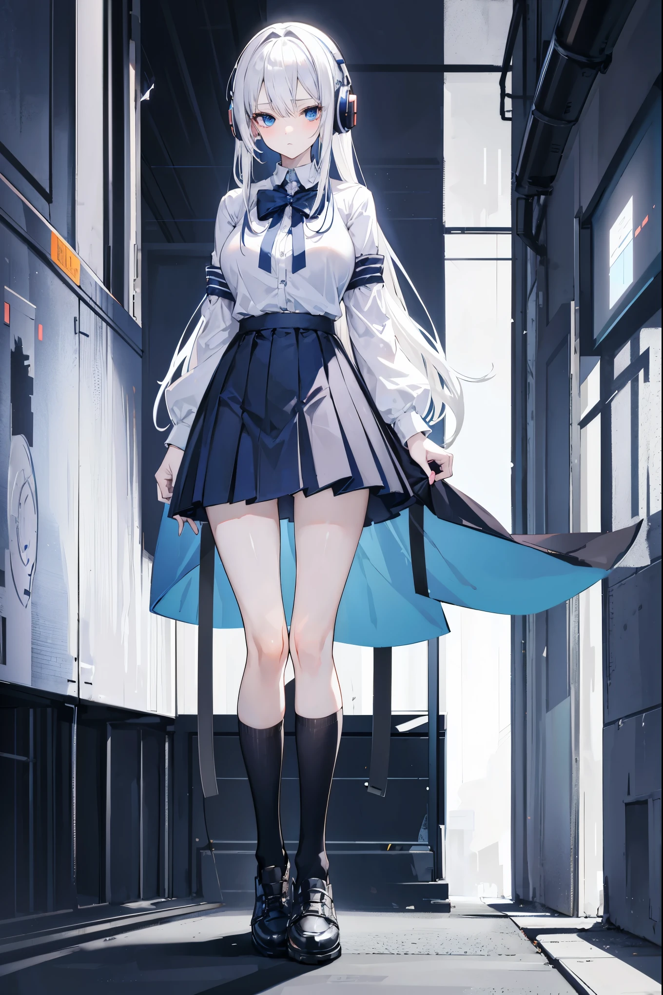 "anime girl, 1 person, silver white hair, shoulder length hair, wearing headphones, dark blue eyes, women's shirt, dark blue skirt, short skirt, sockings, black sockings, big breasts, shy face, full body, solo, high quality images