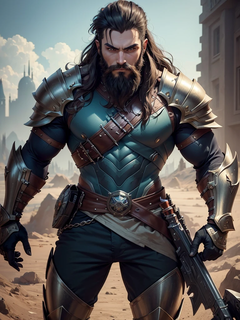 ((best quality)) , ((masterpiece)) , (detailed),teeth, weapon, gauntlets, armor, (((1boy))), glowing eyes, outdoors, glowing, official alternate costume, pants, facial hair, male focus, colored skin, bangs, shoulder armor, muscular male, long hair, beard,pop Art style. bright colors, bold outlines, popular culture themes, ironic or kitsch