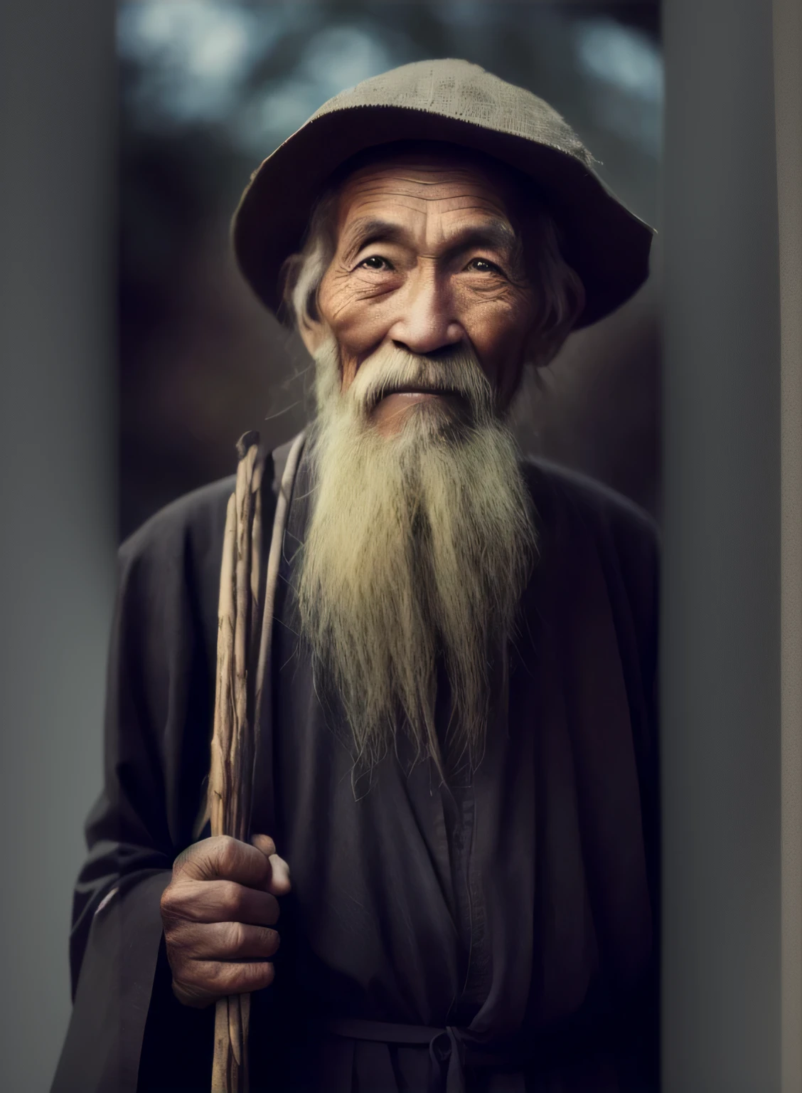 a close up of a man with a long beard and a hat, old man portrait, wise old man, an old man, asian man, old man, by Liang Kai, portrait photo of an old man, portrait of a old, asian human, portrait of an old, by Shen Quan, beautiful portrait, an oldman, stunning portrait