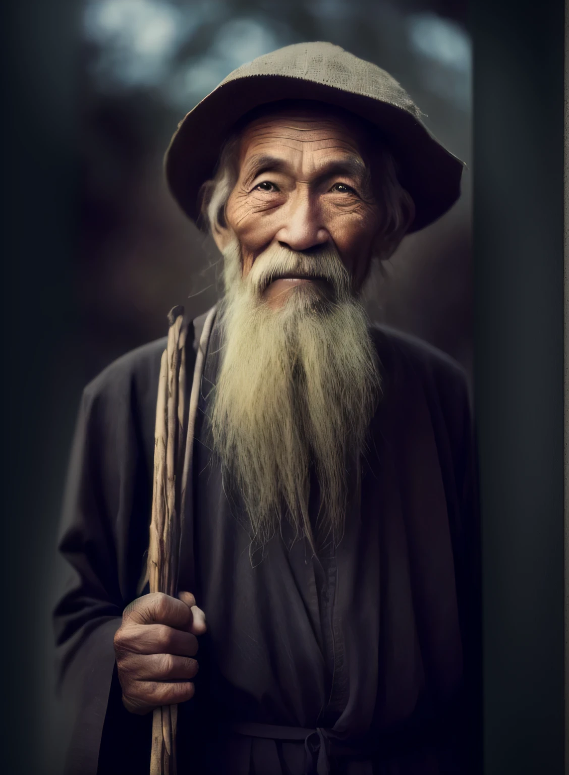 a close up of a man with a long beard and a hat, old man portrait, wise old man, an old man, asian man, old man, by Liang Kai, portrait photo of an old man, portrait of a old, asian human, portrait of an old, by Shen Quan, beautiful portrait, an oldman, stunning portrait