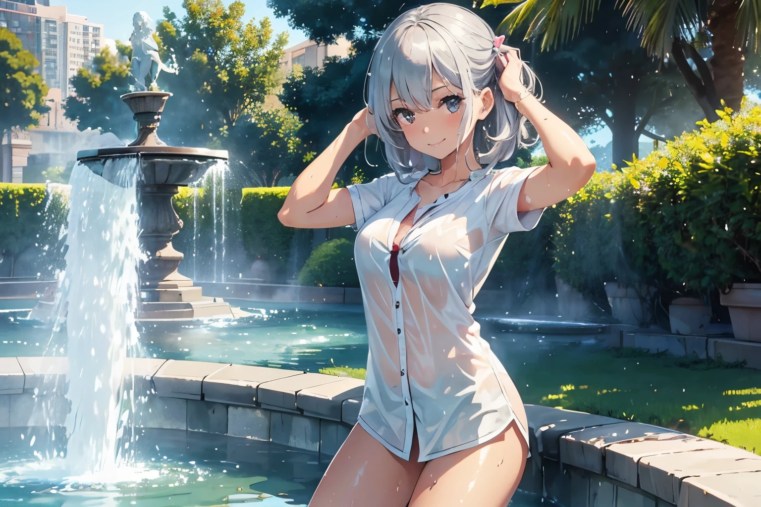 Perfect body,Full Arms,Full legs,Full face,Park fountain,One Girl,alone,OL,Company uniform,Bathe in the fountain,Pour water from a fountain over your head,Silver Hair,Medium Hair,smile,Wet clothes,sunny,Under the blazing sun